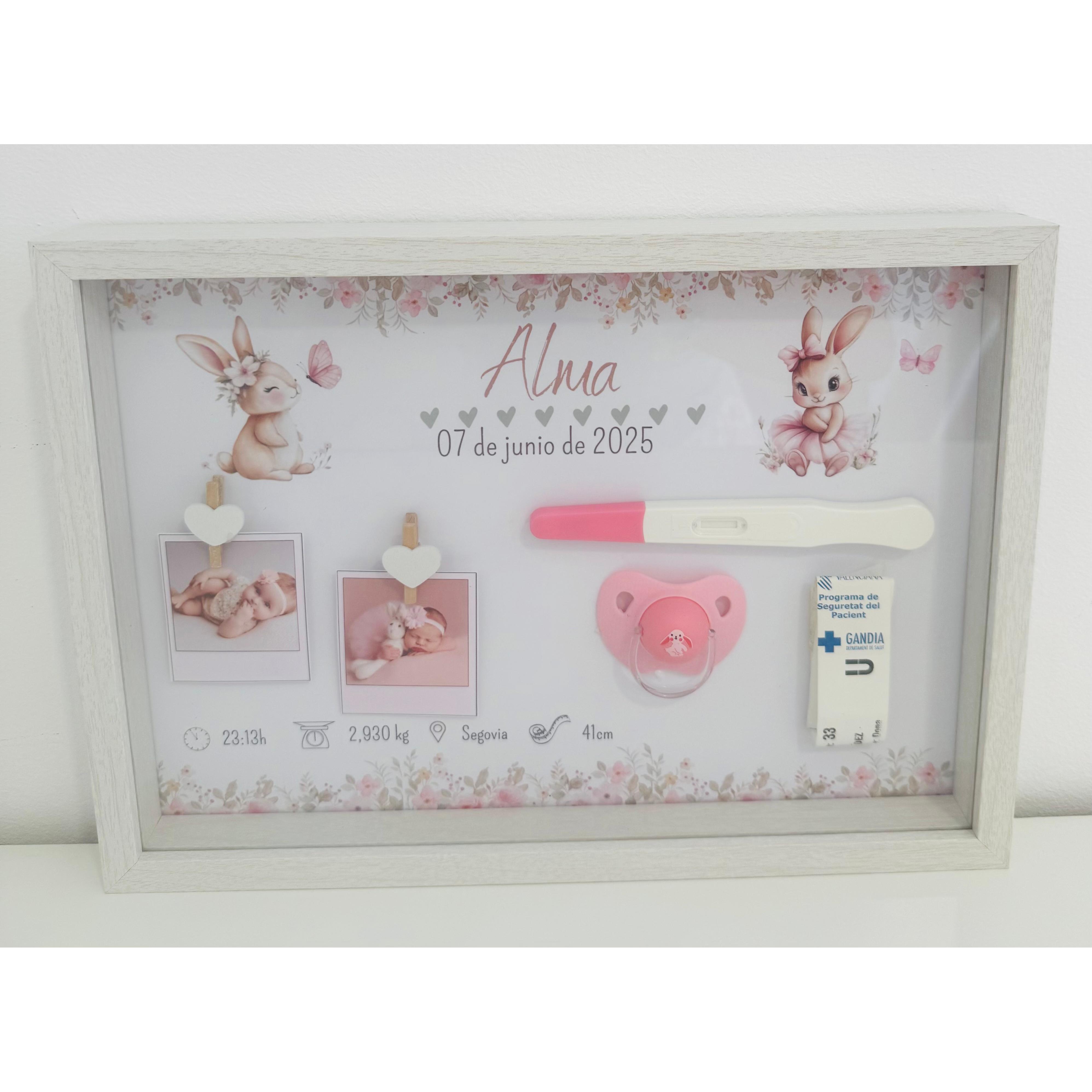 Marco guarda recuerdos nacimiento bebé Conejita , natalicio bebe, lamina personalizada nacimiento bebé ,recuerdos recién nacido, caja recuerdos nacimiento , regalo original, decoración infantil cuadro personalizado recién nacido, regalos para bebés,