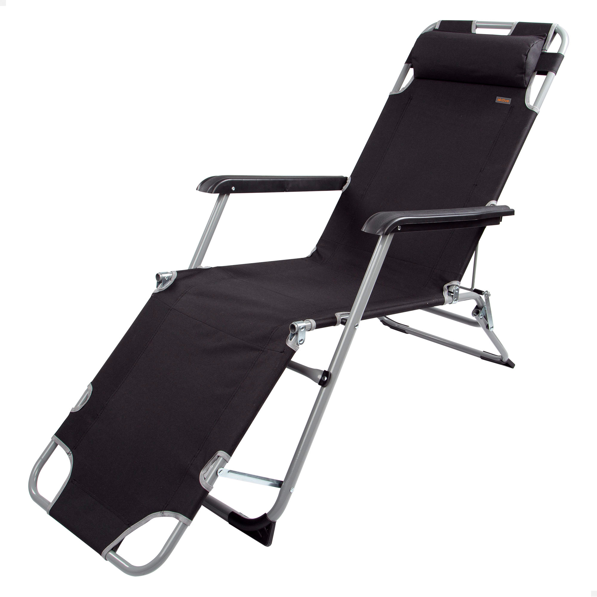 Tumbona plegable y reclinable Aktive negra, Antivuelco, material acero y textileno, medidas 178x60x89cm, Peso máx. 110Kg.