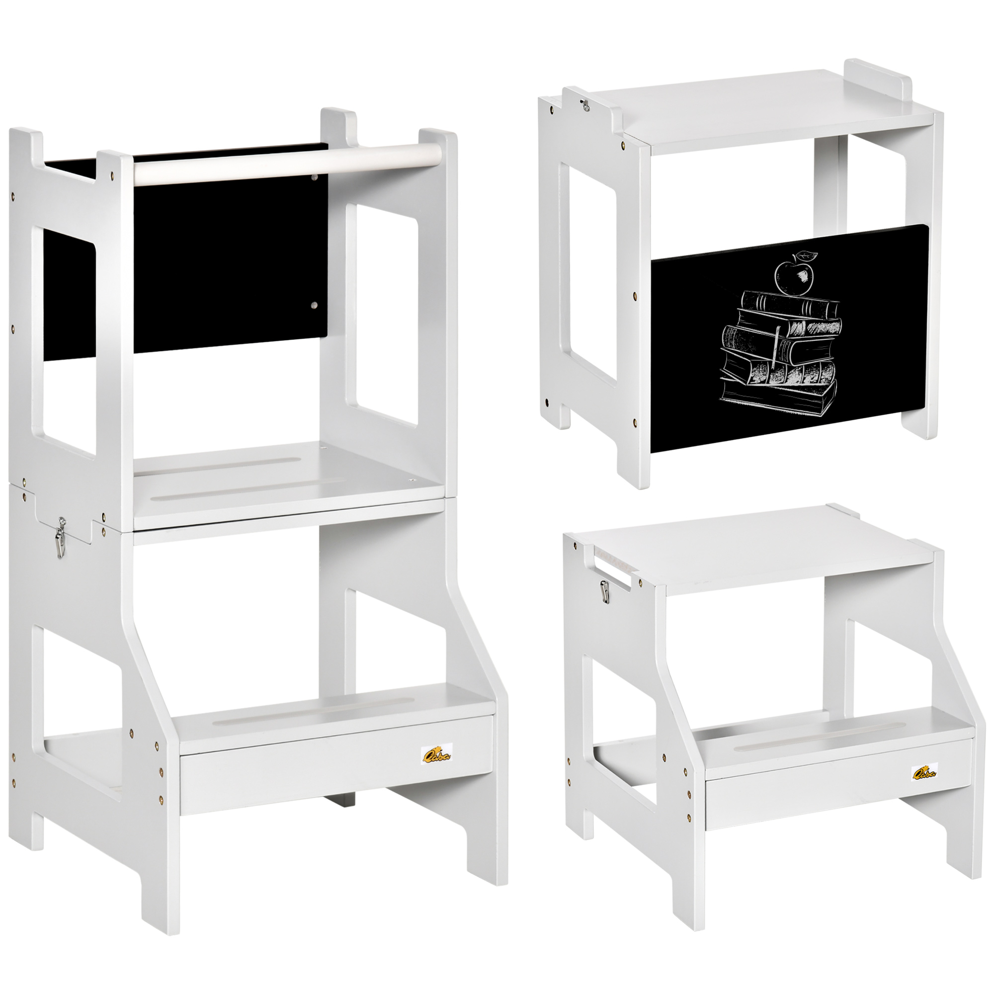 HOMCOM Torre de Aprendizaje para Niños 3-6 Años de Madera Taburete de Cocina Infantil Convertible en Escritorio con Pizarra Pedal y Barra de Seguridad para Baño 42x44x86 cm