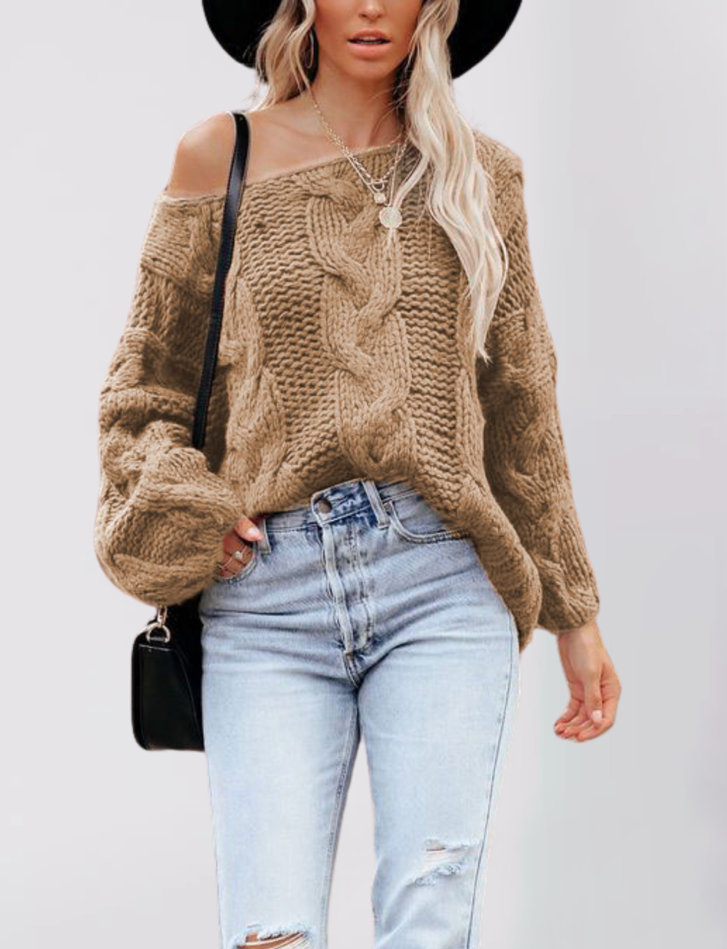 TK Suéter de punto trenzado con hombros descubiertos para mujer, estilo urbano, otoño/invierno, talla grande