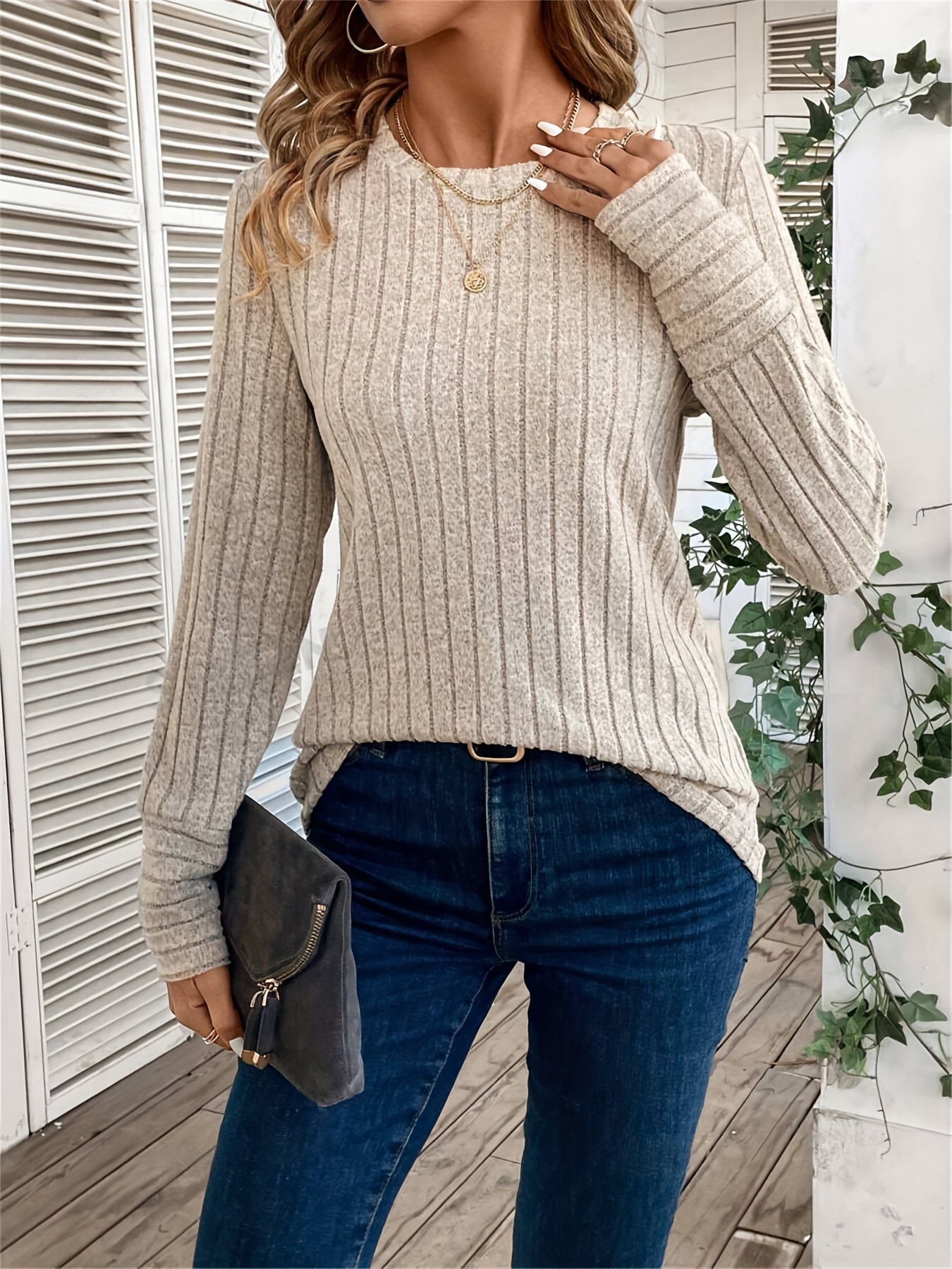TK Camiseta De Manga Larga Para Mujer Color Sólido Cuello Redondo Ribeteada Casual De Primavera Y Otoño