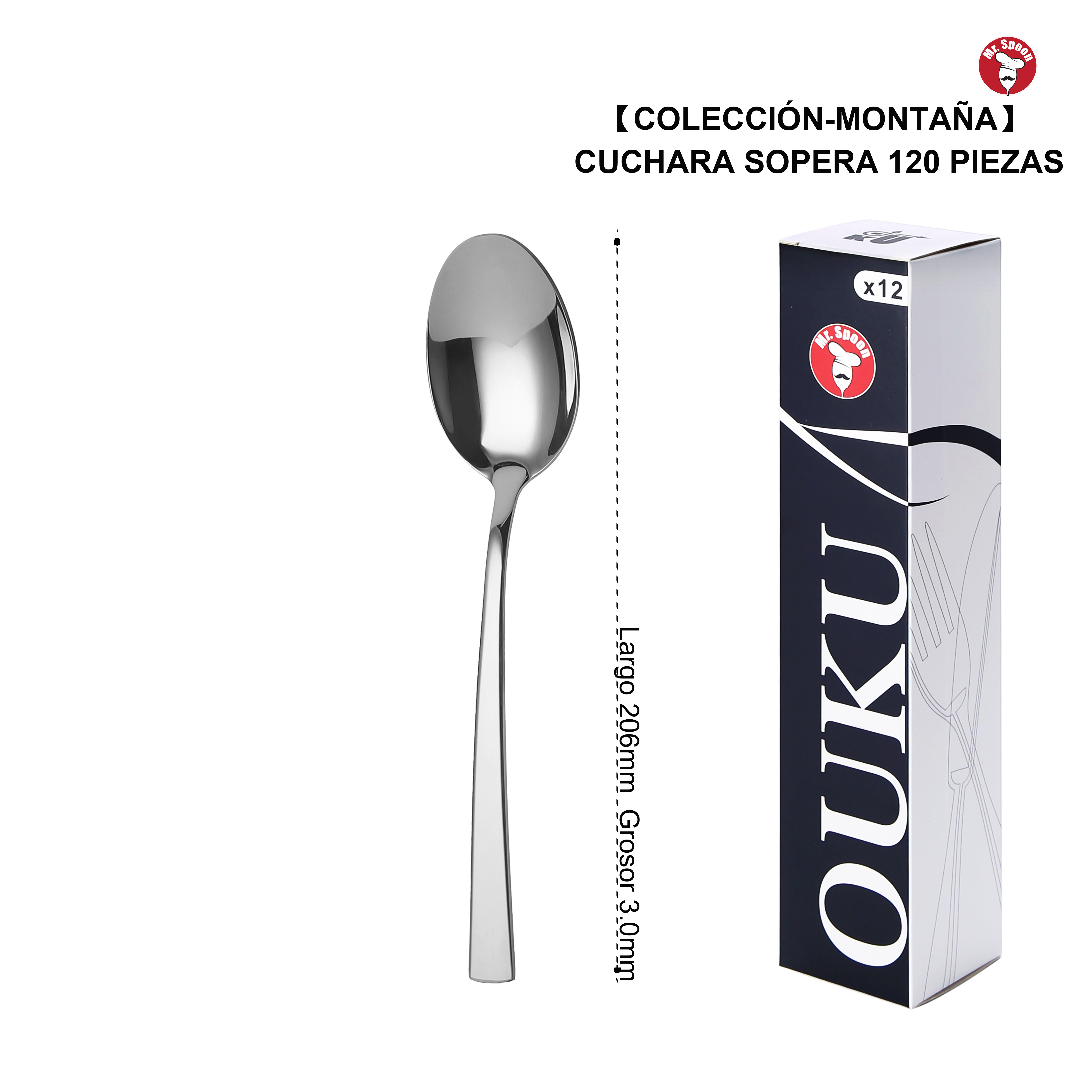Mr.Spoon Serie Montaña Cucharas 12, 48 o120 piezas,Acero inoxidable 18/0,Económico y funcional,Cuchara sopera largo 206mm,cuchara postre 178mm,cuchara té y café 150mm/109mm,Mango monobloque,Apto para lavavajillas,Caja ecológico,Para casa,hotel,restaurante