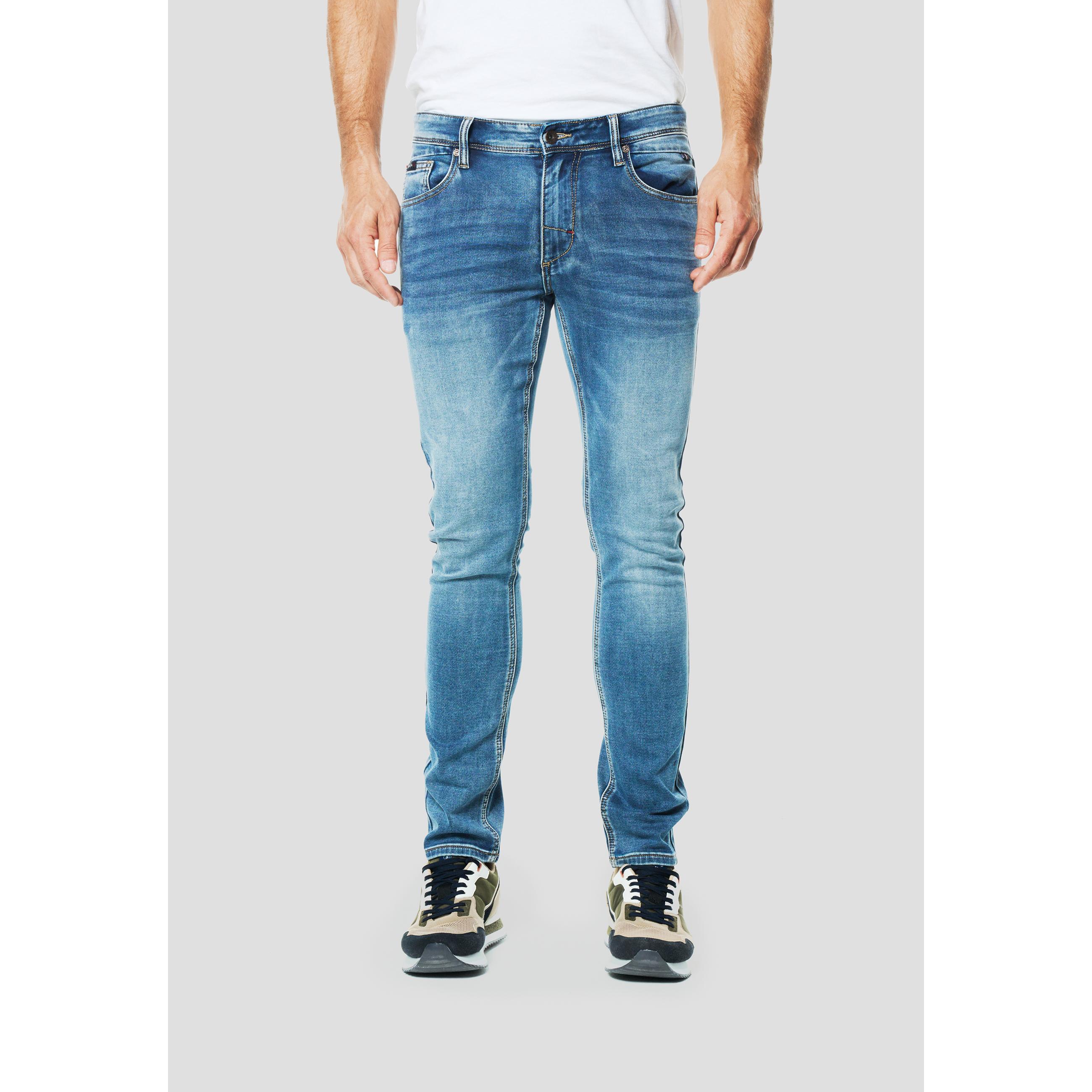 Koroshi - Pantalón vaquero jeans slim azul medio para hombre, elástico con algodón, poliéster y elastano, versátil para oficina, street style y moto