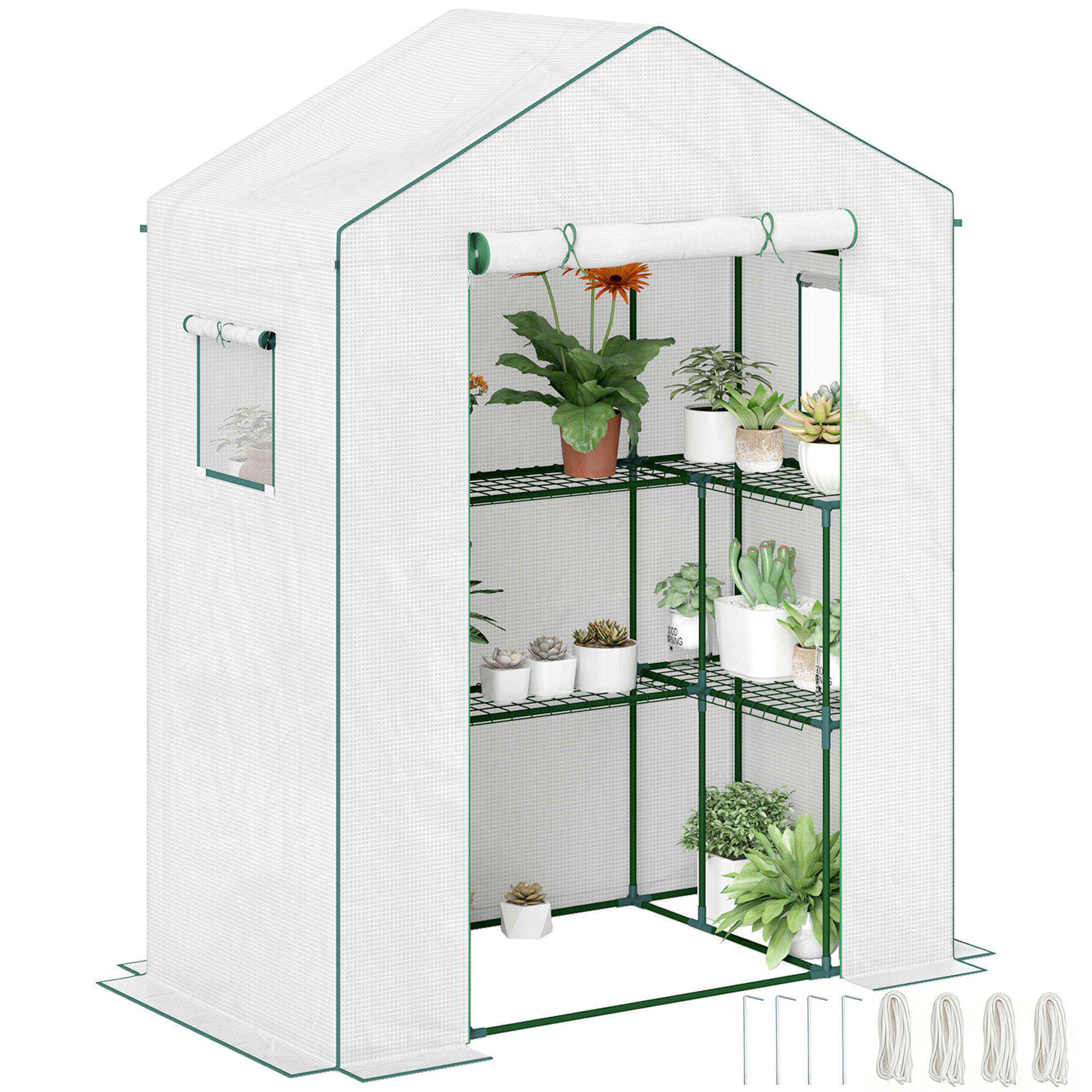 Outsunny Invernadero de Exterior Invernadero Pequeño de 3 Niveles con 9 Estantes Puerta Enrollable 2 Ventanas Cubierta de PE y Marco de Acero para Cultivos Plantas Flores 140x73x190 cm Blanco