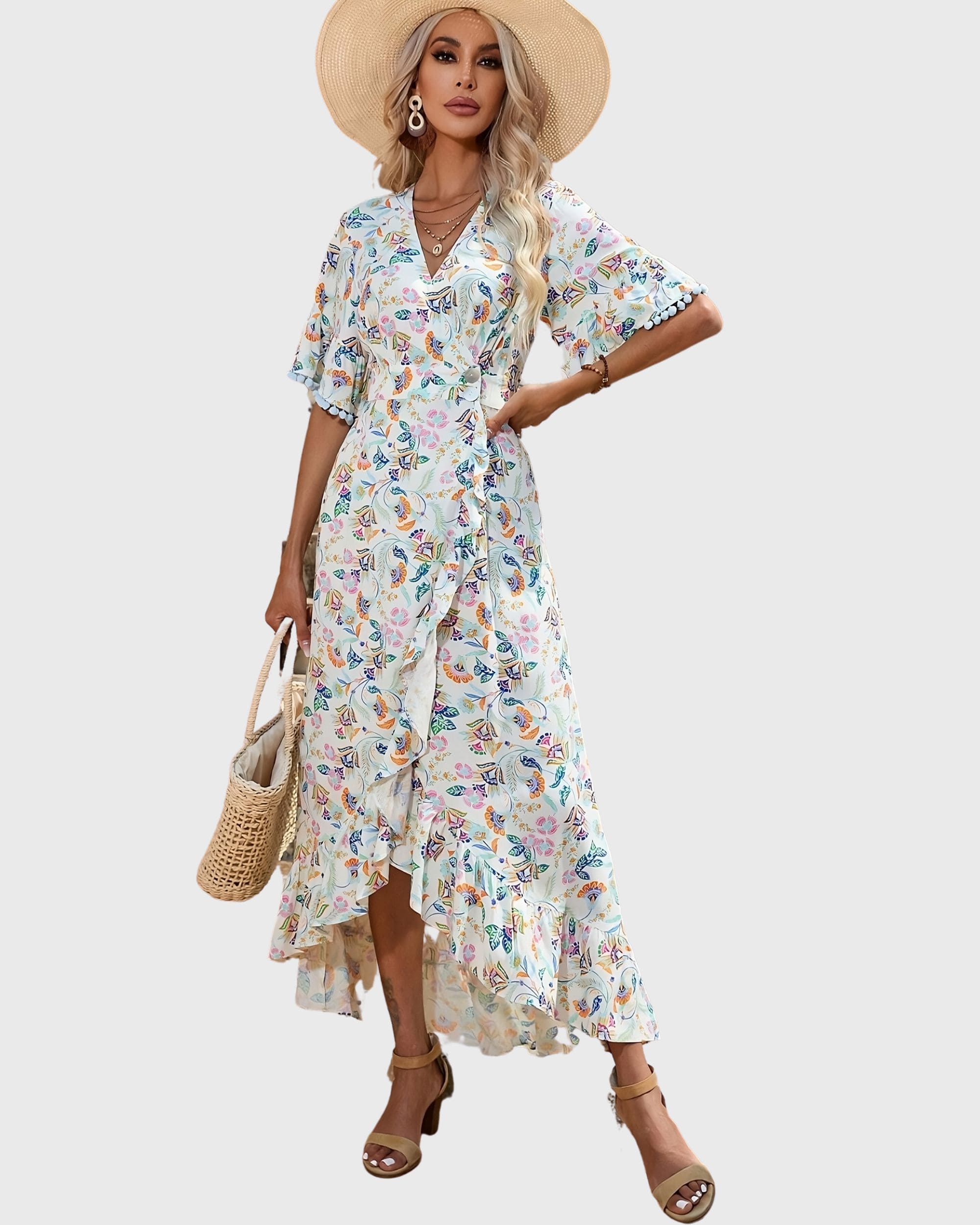 Vestido largo mujer, dress cruzado floral, diseño asimétrico, manga corta volante, detalle borlas, cierre botones, corte fluido, estampado versátil y cómodo, color blanco, talla 38 ✅Entrega 24/48h