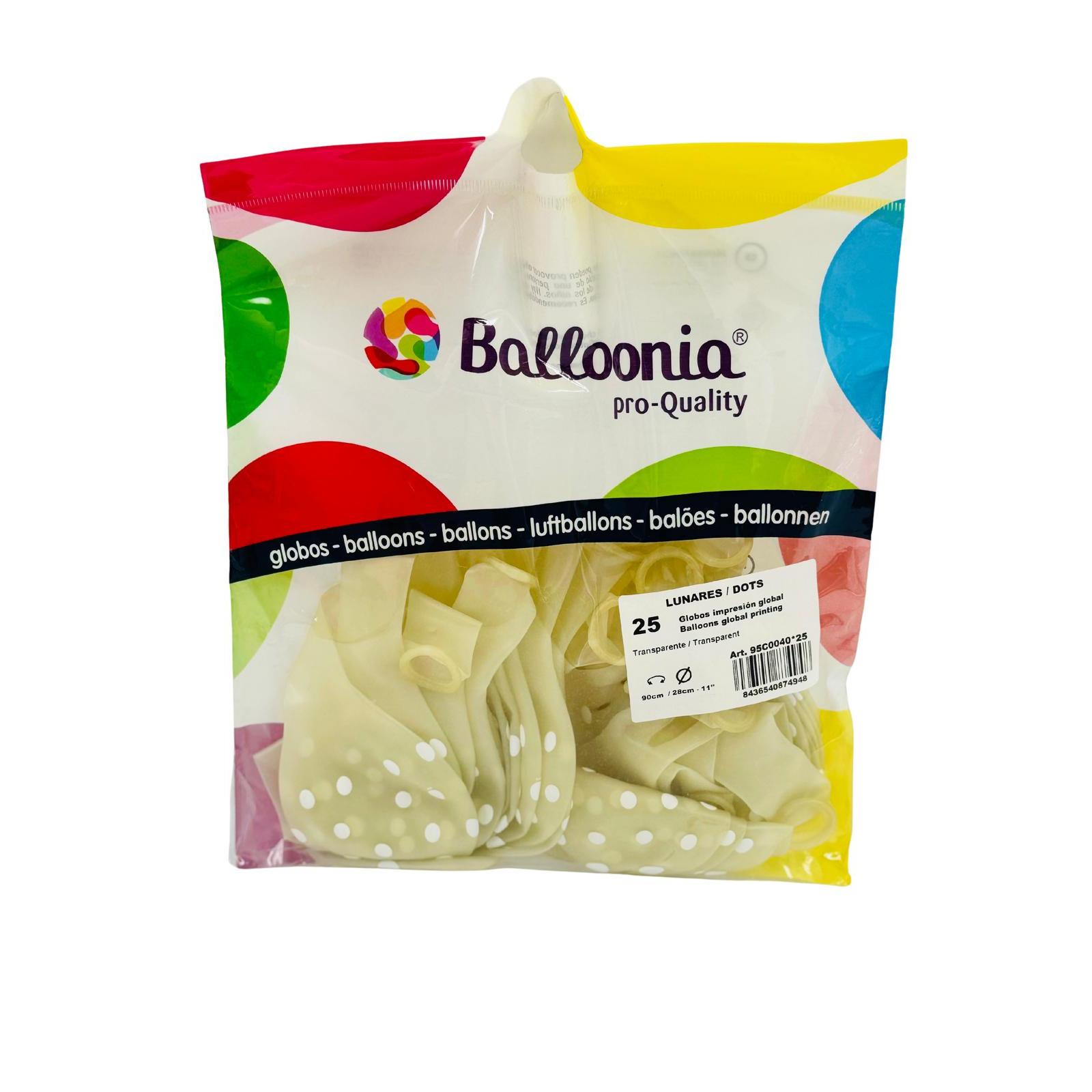 Paquete De Globos Transparentes Con Lunares Blancos De 25 Unidades, Medida De 28 Cm – 11”. # Balloonia #Globos