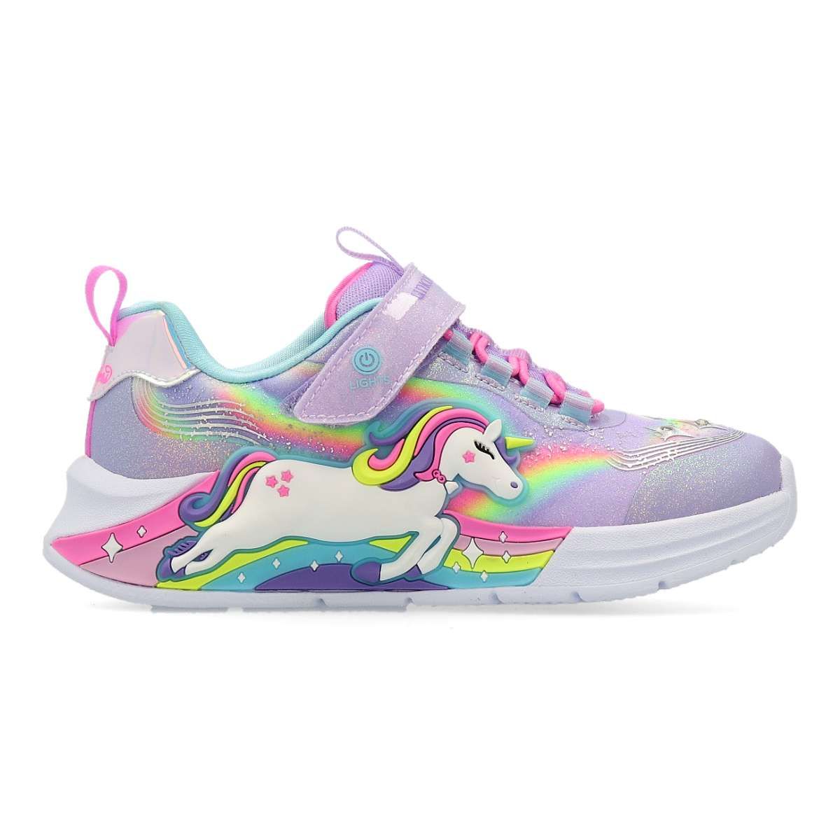 Skechers - Zapatillas casual S-Lights: Unicorn Chaser para niña, diseño deportivo iluminado con gráfico lateral de unicornio y arcoíris, cordones elásticos y plantilla acolchada