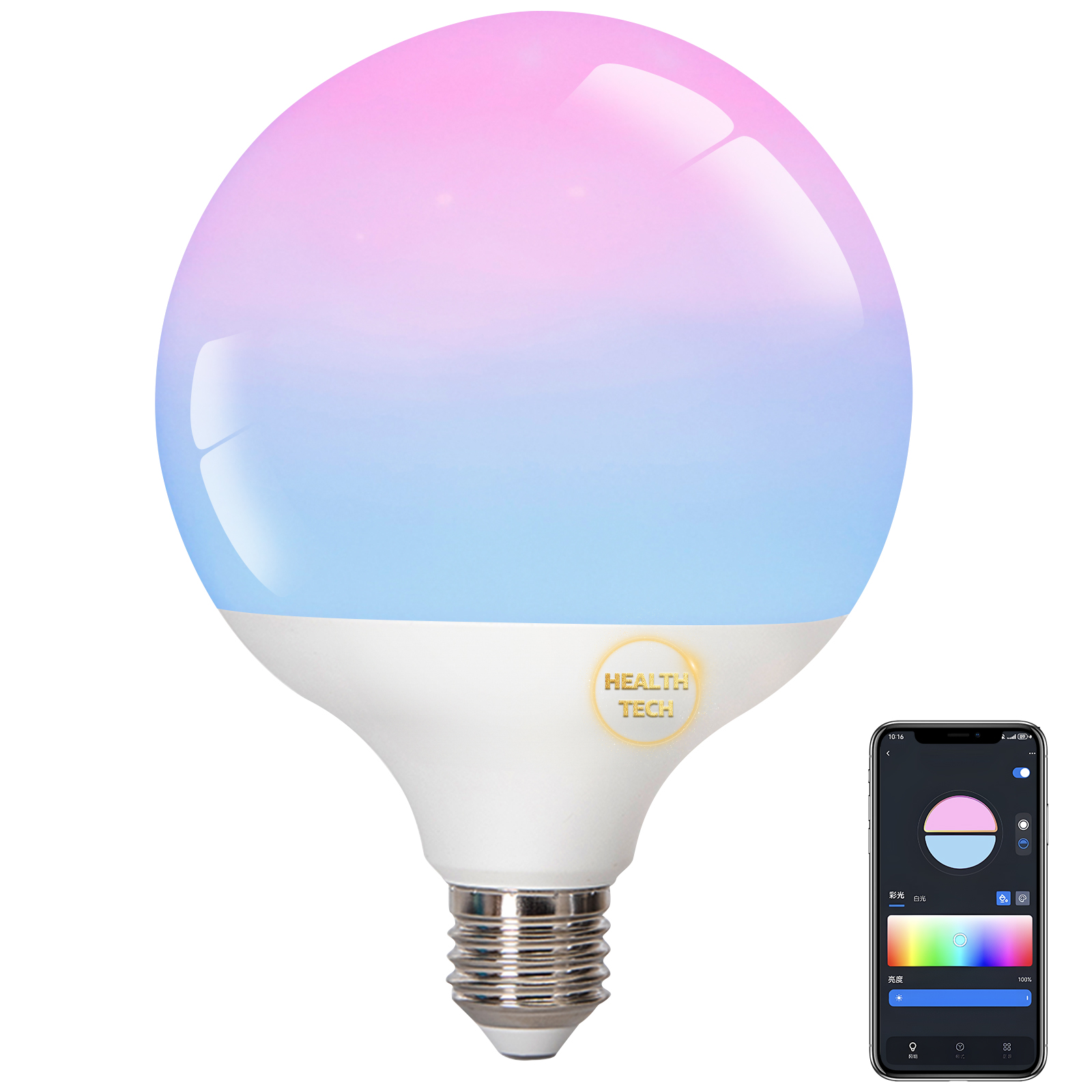 Aigostar Bombilla LED Inteligente E27 G120 Bluetooth Mesh Compatible con Alexa, 4.9W RGB Gradiente Bombilla Inteligente, Degradado de Color en Capas Superior e Inferior, Regulable Color y Blanco