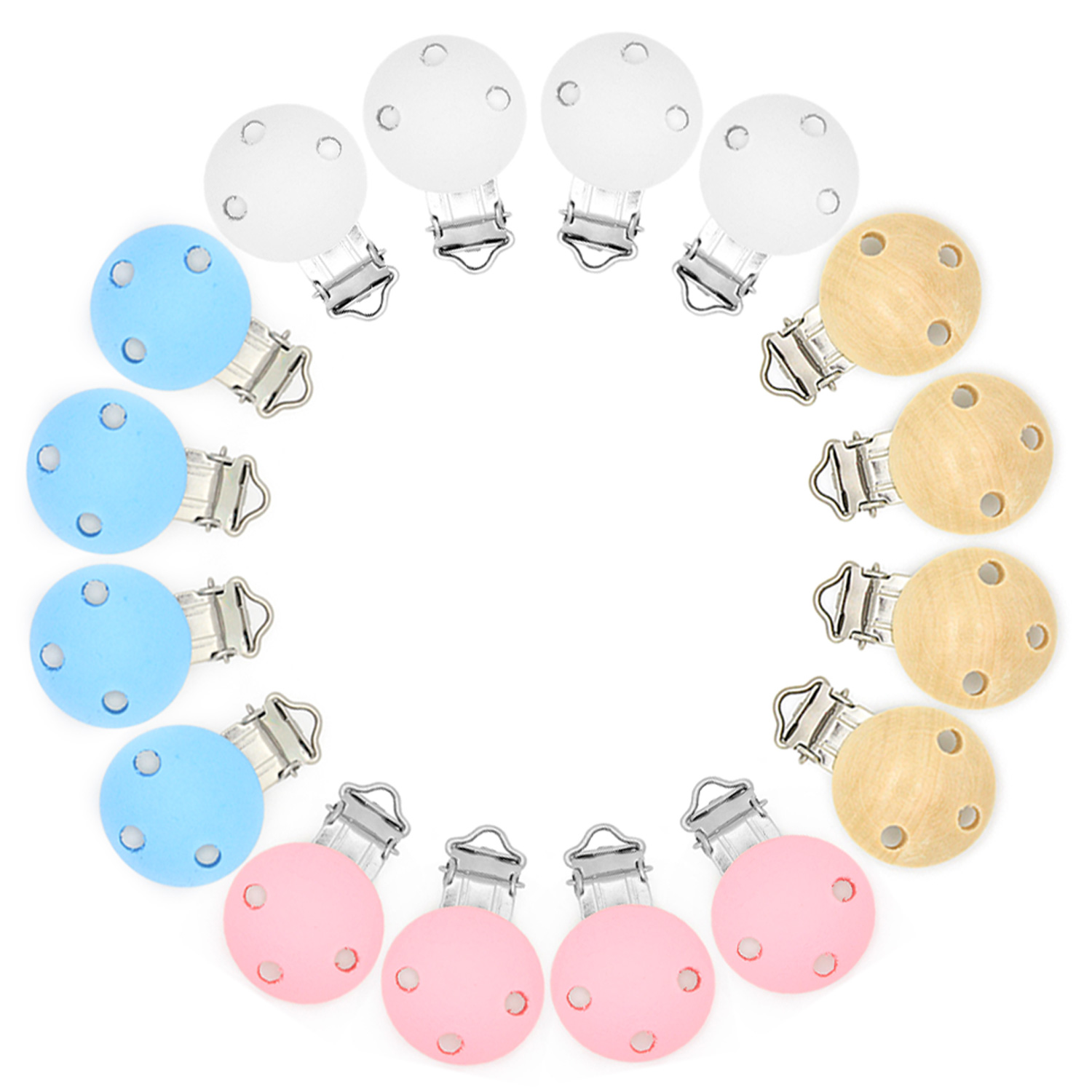 Artree | 16 PCS Clip para chupete de madera natural con agujeros barnizada en varios colores. Pinzas para hacer chupeteros personalizados en madera. Clips de madera para chupeteros y cadenas de carrito para recien nacidos accesorios para bebés