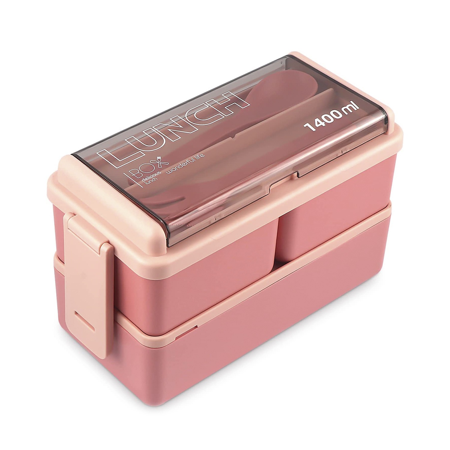 DAM. Fiambrera hermética de 2 alturas, para guardar alimentos, de 1400ml. Incluye cubiertos. Apto para microondas. 20x9,5x12 cm.