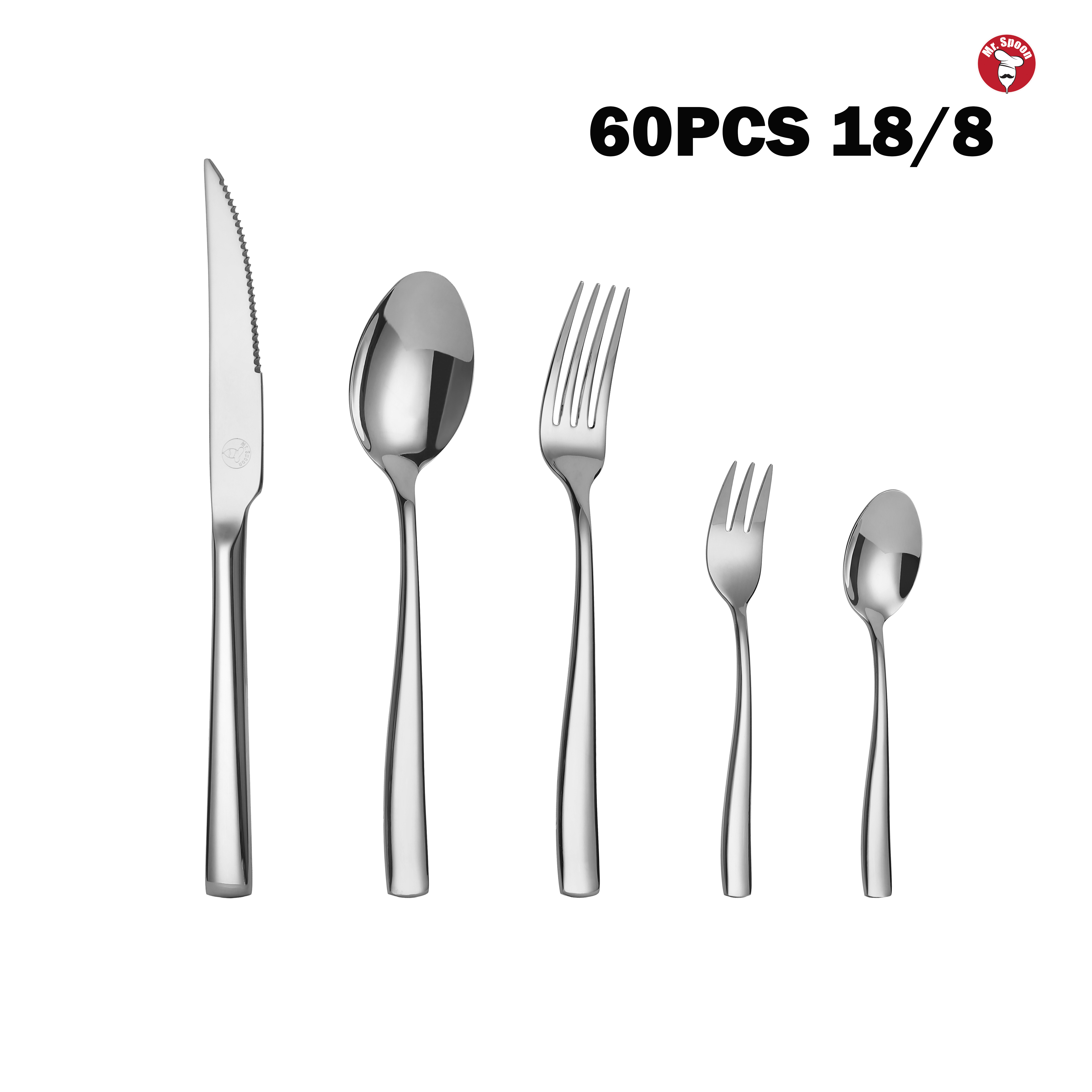 Mr.Spoon Serie Portugal 60 piezas cubiertos,Acero inox 18/8,Plateado,Alta calidad y acabado,Con cuchillo carne o mesa/tenedor/cuchara/cucharilla y tenedor postre,Apto para lavavajillas,Cuberteria,mango monobloque,Para Casa,Hotel,Restaurante 60221/60