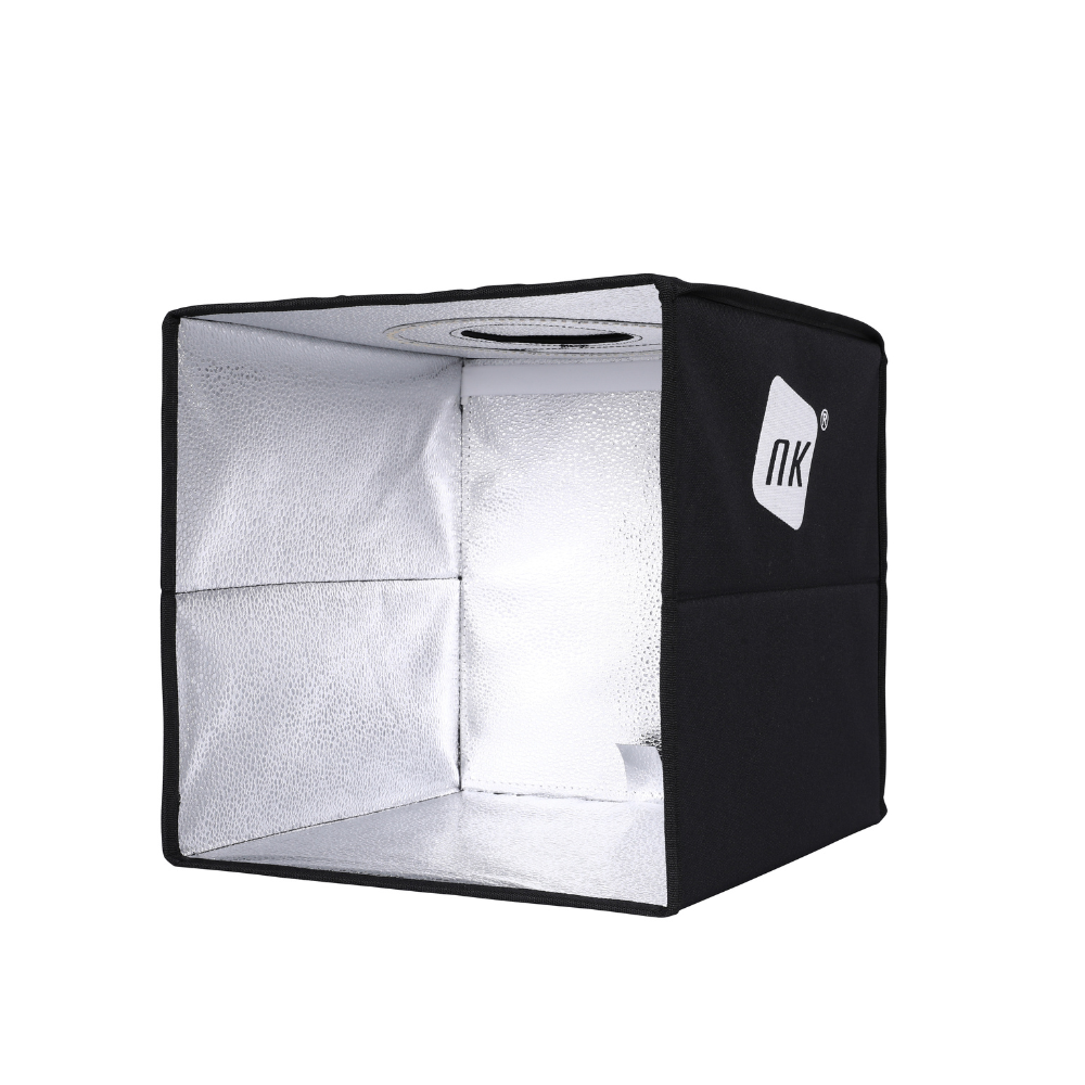 NK Caja de Luz Estudio Fotográfico Plegable (30x30cm) - 3 temperaturas de Luz LED, Brillo Ajustable x10, RA90, Productos pequeños Joyas, Asa para Transporte (6 Fondos de Colores)