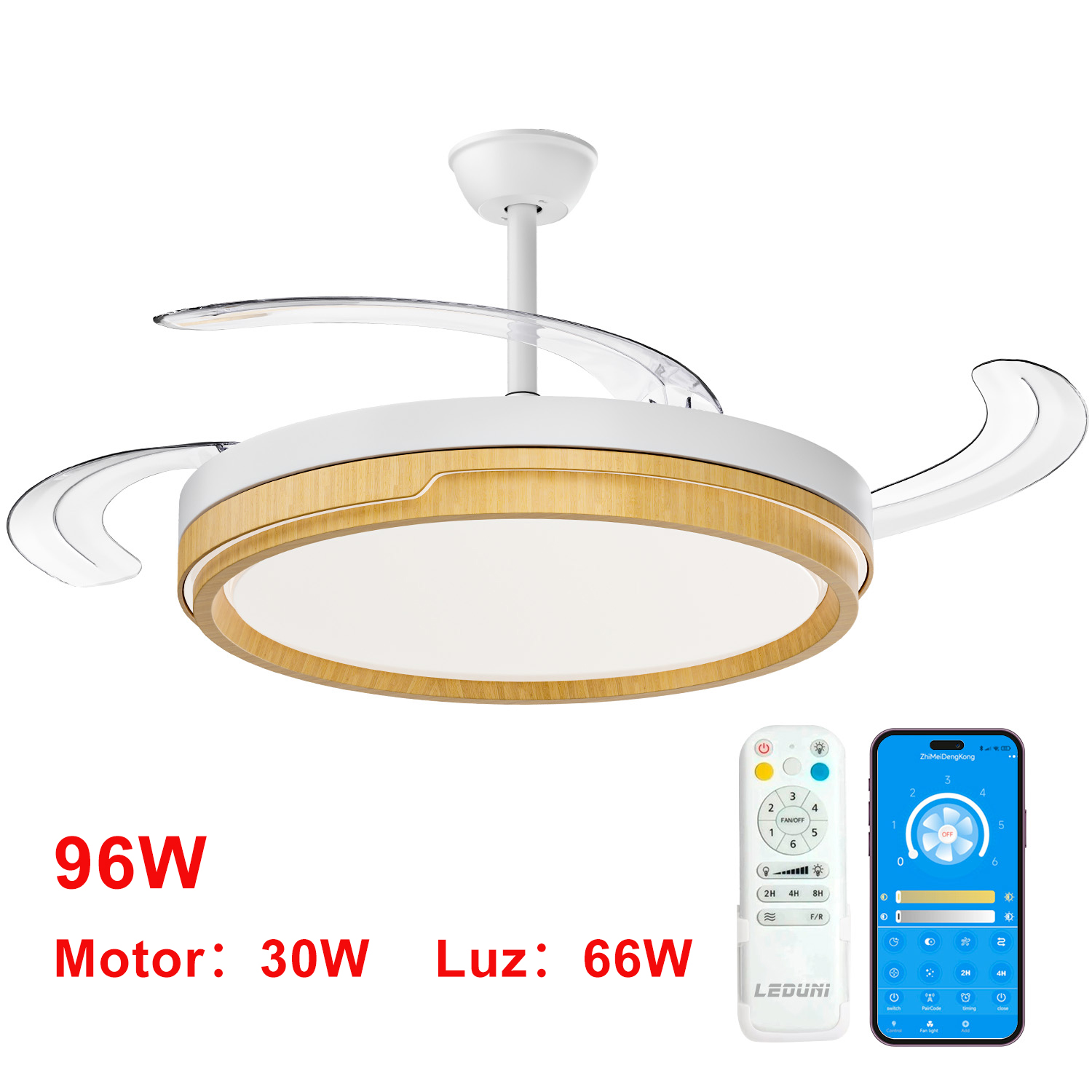 Ventilador de Techo OStark con Luz LED Retráctil 106cm, 4 Aspas, Potencia Total 72W, Control por APP y Mando a Distancia, Temporizador, 6 Velocidades, 3 Temperaturas de Luz, Función Verano-Invierno, Silencioso, Ostark-leduni