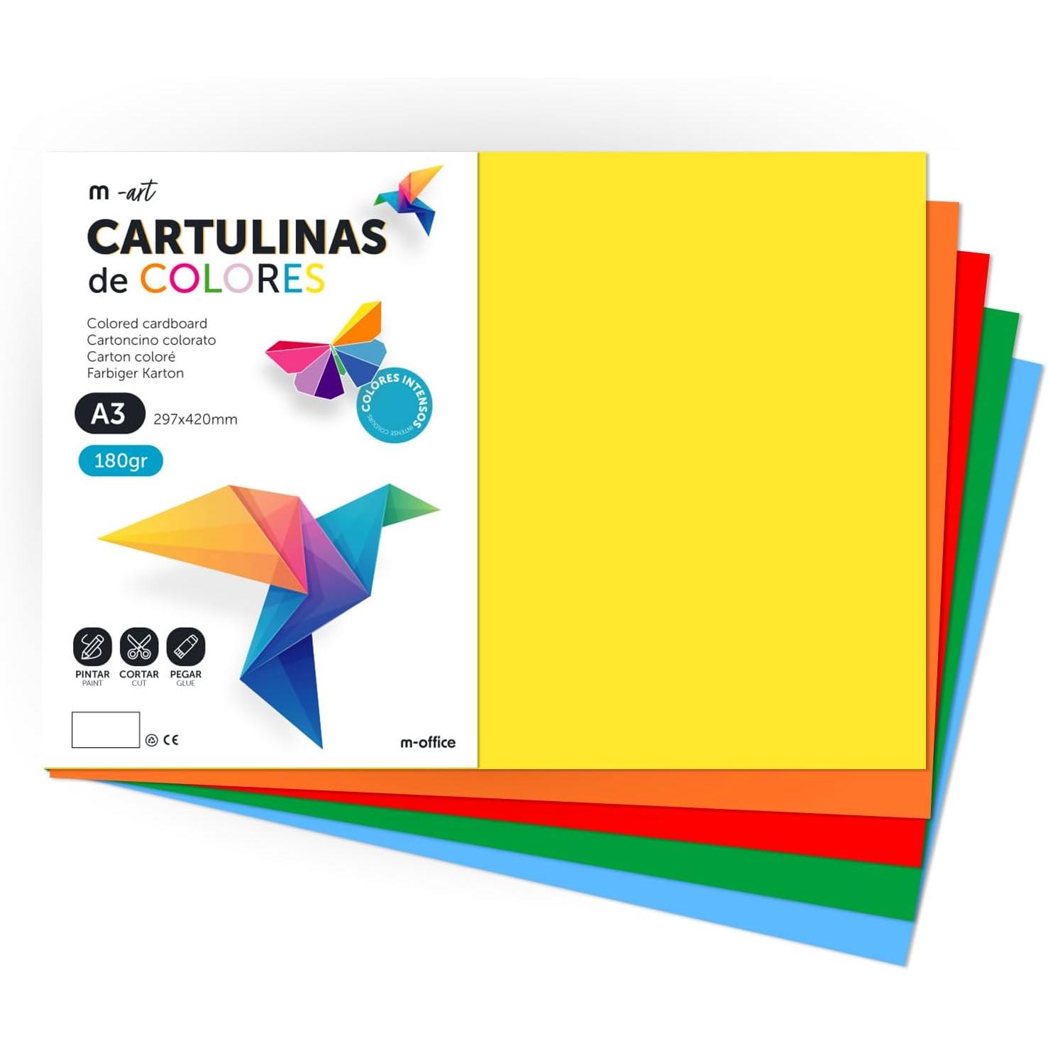 Cartulina de Colores, Cartulina A4 Colores Intensos, Hojas de Colores 180gr para Manualidades, Imprimir tus Documentos y Diseños Creativos, Folios de Colores A4 · m-office (25 hojas, Surtido Fuerte)