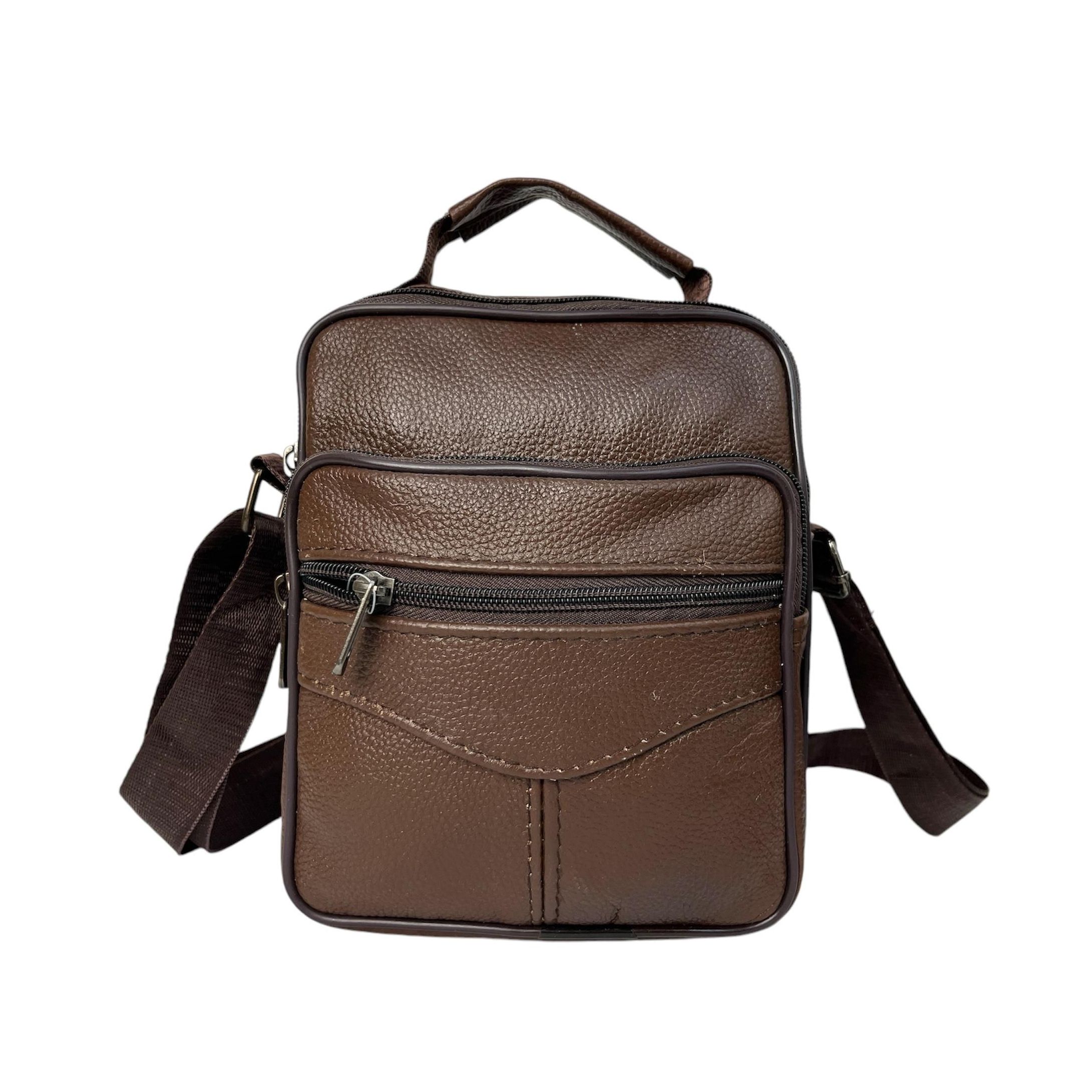 MEJORADA DL-66 Bolso de hombro de cuero genuino para hombre, bandolera Vertical de piel auténtica multibolsillo