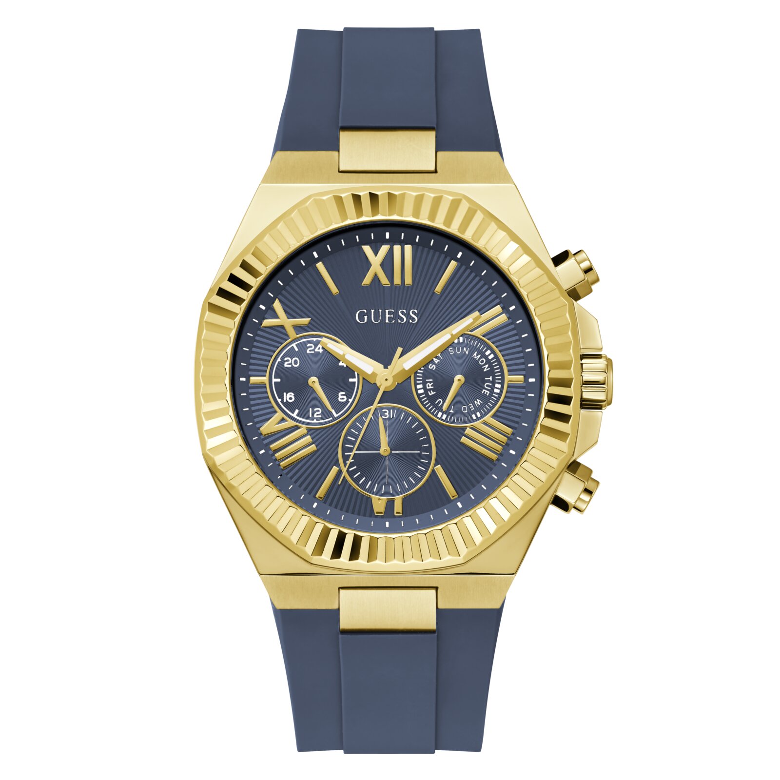 Guess Reloj Hombre Caja De Acero Reciclado Pulsera Silicona De Color Azul Resistente Al Agua 5 Atm Gw1011g2