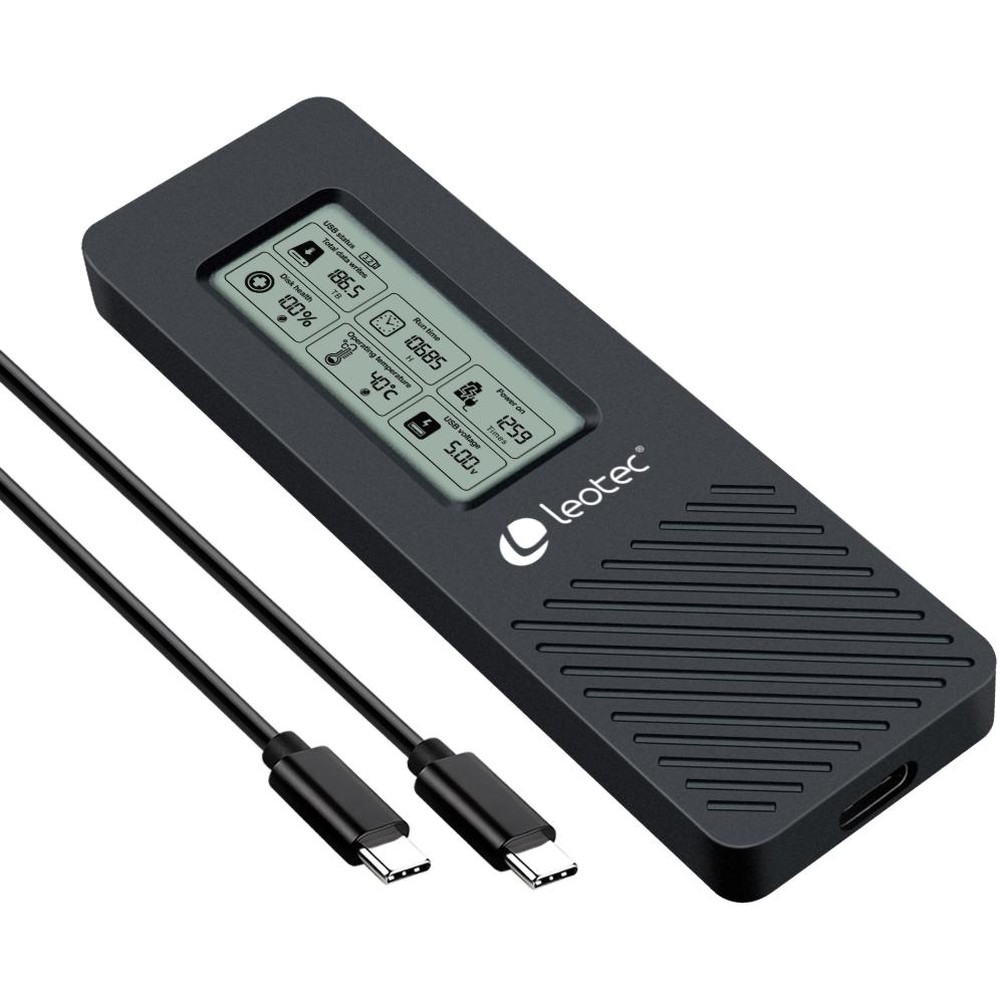 Leotec - Caja externa para SSD M.2 NVMe con panel LCD USB-C 3.2 Gen 2, velocidad hasta 10 Gbps, diseño aluminio con disipación térmica, ideal para datos y transferencia rápida