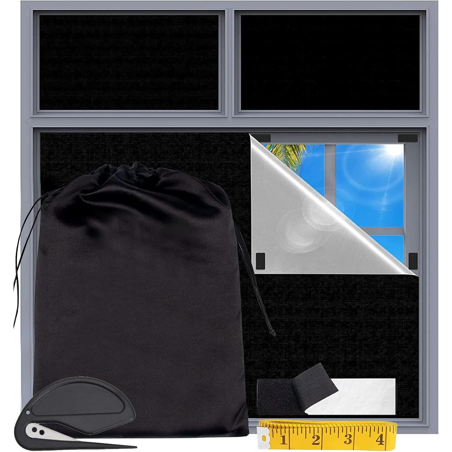 Tela Oscurecedora,Persiana Opaca Portátil Sin Taladrar,Estor Opaco Aislamiento Térmico Cortina,Cortinas Persianas para Cualquier Ventana Cortada a Medida,con 24 Cintas Adhesiva y Tijeras (200*144CM)