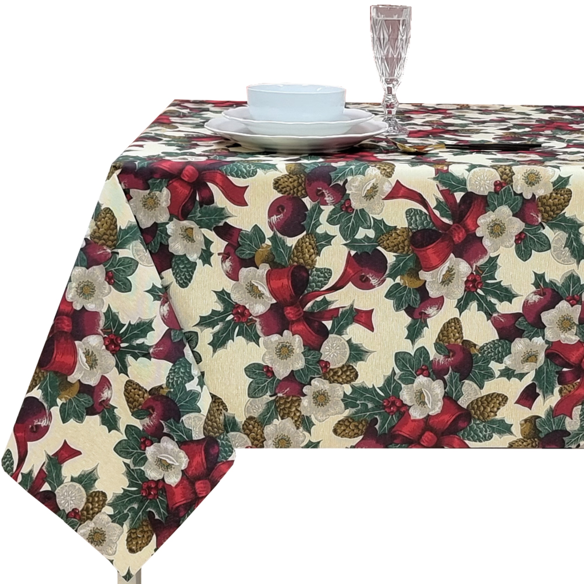 Mantel de Navidad de Tela Resinada Antimanchas, Diseño con Lazos, Flores Blancas y Acebo, Fondo Beige Efecto Lino, para Cocina, Comedor y Decoración Navideña