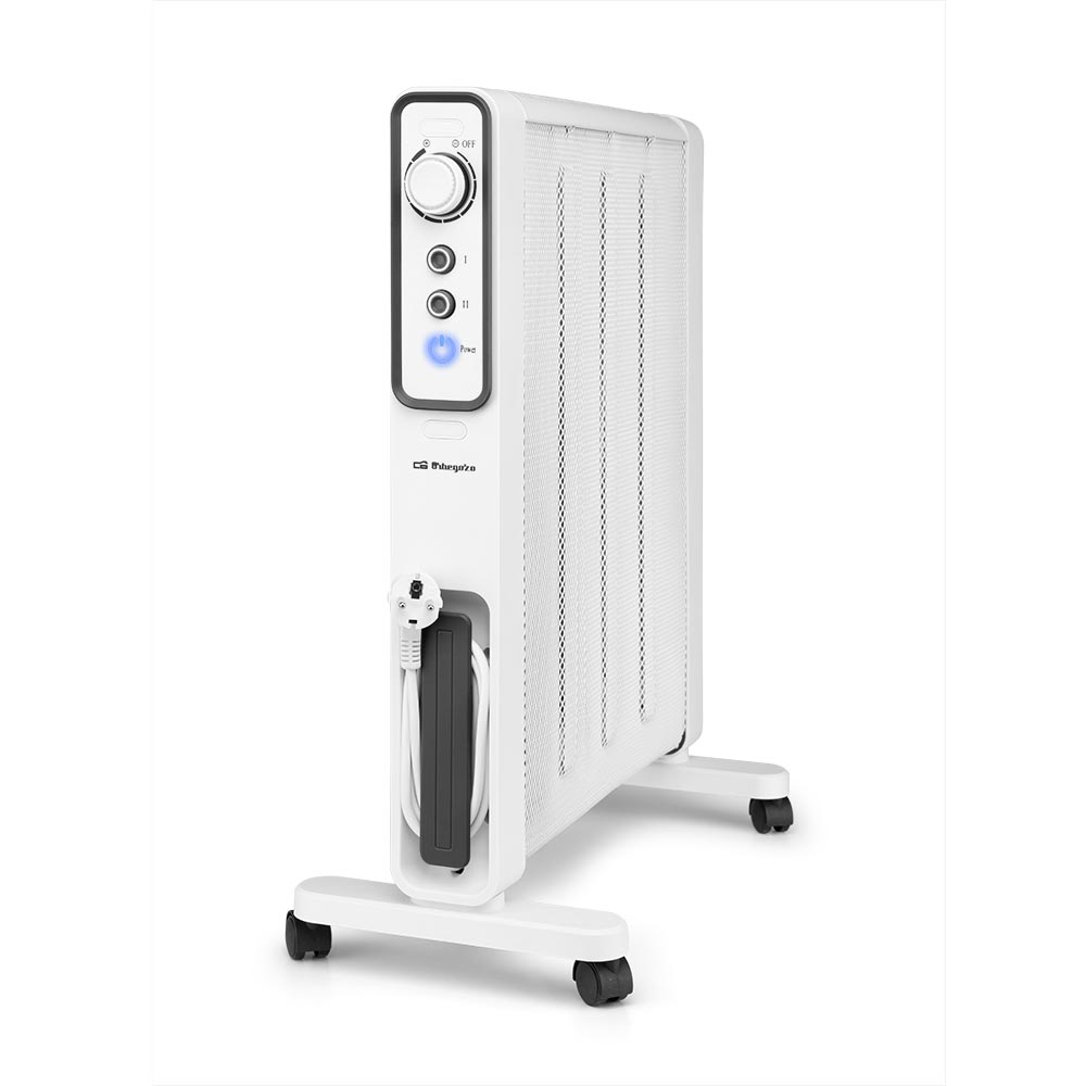 Orbegozo RMN 2000 Radiador de Mica – Potencia 2000W, 2 Niveles de Calor (1000W/2000W), Sin Fluido, Termostato Regulable, Ruedas y Seguridad Antivuelco (300 x 615 x 580 mm)