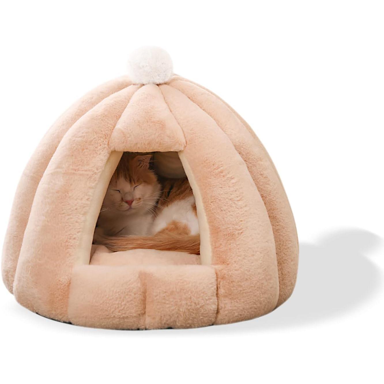 Cama Tipo Cueva para Gatos, Cama Cojín para Gatos with Antideslizante Fund, Cama para Mascotas with Cojín Interior Lavable Extraible, Iglú De Felpa Suave y Aacogedor para Gatos(M, Caqui)