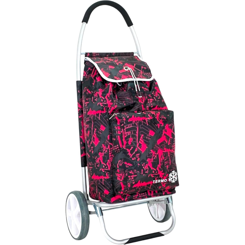 Carro de la Compra Plegable Carrito de Aluminio Super Ligero 50L litros, Bolsa Impermeable e isotérmica (Rojo Estampado) COSHANO