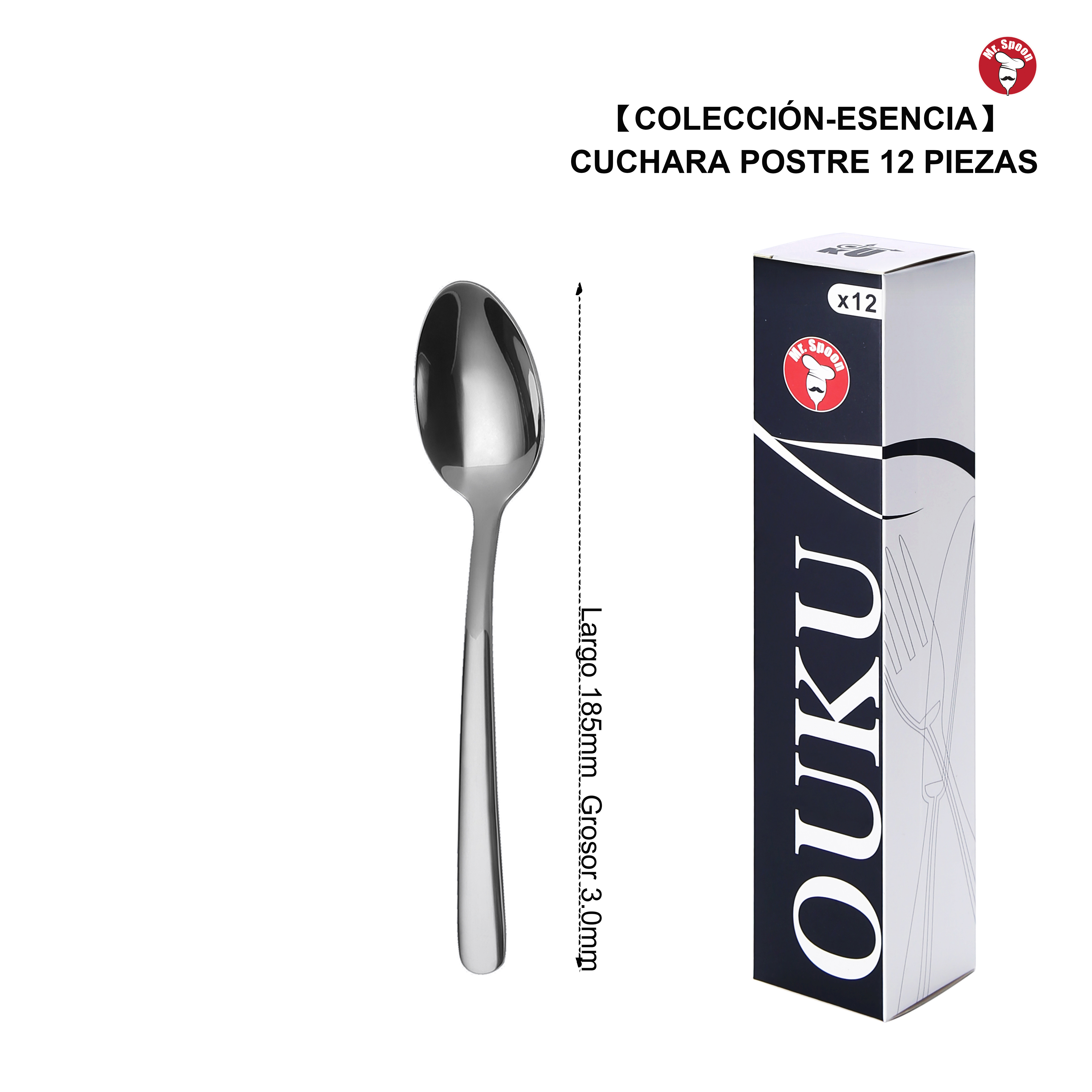Mr. Spoon Serie Esencia Cucharas de12, 48 o120 piezas. Acero inox18/0, Económico y funcional. Cuchara sopera 205mm,cuchara postre 185mm,cuchara de té y café 145mm/115mm. Mango monobloque,Apto para lavavajillas.Empaque ecológico.Para casa,hotel,restaurante