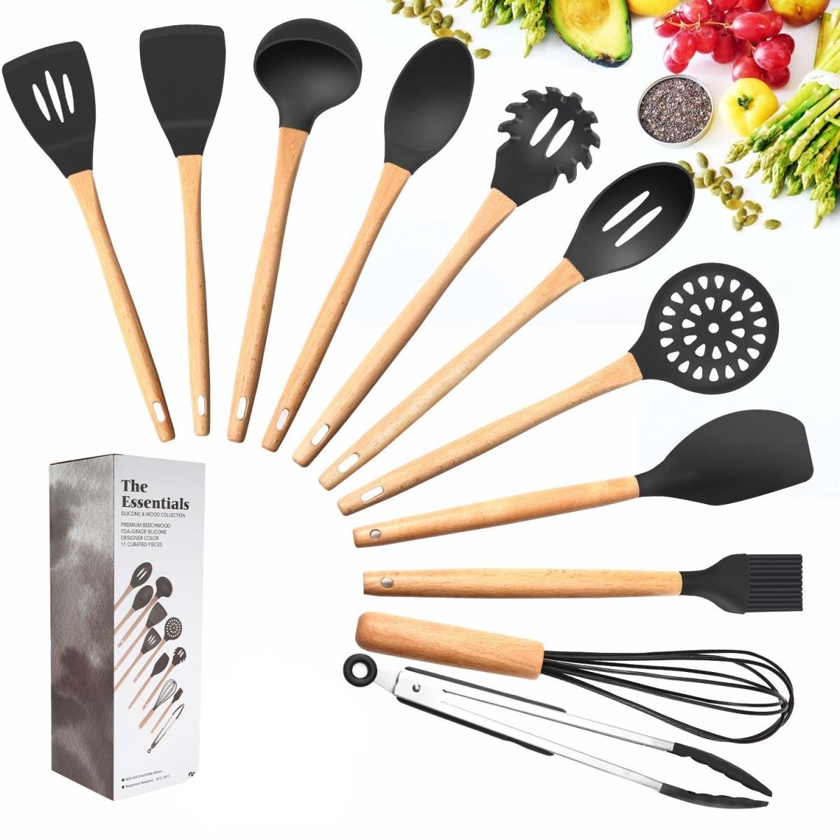 Juego de 11 Utensilios de Cocina de Silicona utensilios antiadherentes con mango de madera, pala, espátula, batidores de huevos, caja de almacenamiento, utensilios para hornear saludables, 12 piezas