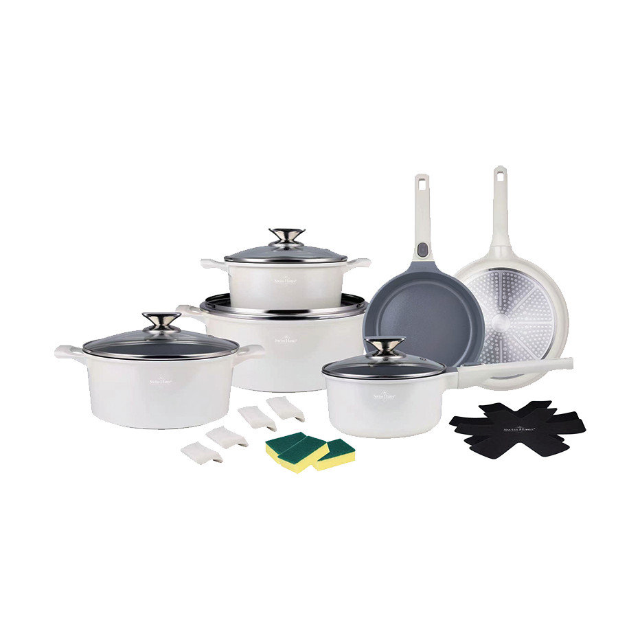 Juego de utensilios de cocina de inducción Swiss Haus® LG3019B - Juego de 19 piezas - Libre de PFAS - Incluye sartenes, ollas y cacerola - Sartenes con mango desmontable - Sartén con revestimiento antiadherente Sapphire™ - Color negro
