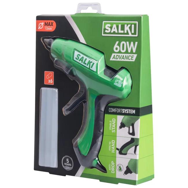 SALKI Pistola de Encolar 60w Advance con Comfort System para Facilitar el Uso. Perfecta para Manualidades y Pequeñas Reparaciones. Compatible con Barras de Cola Termofusible de 11,5mm. Potencia 60W, 240V