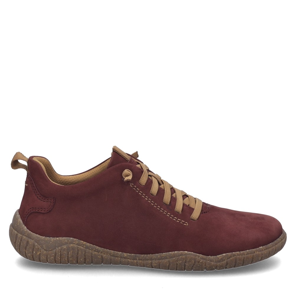 Cómoda Blucher BAREFOOT mujer WYNONA-06 de Jose Seibel en nubuck burdeos. Descubre la sensación de caminar descalzo con más espacio interior. Cordones elásticos Altura 3,5 CM Referencia 70706TE724410