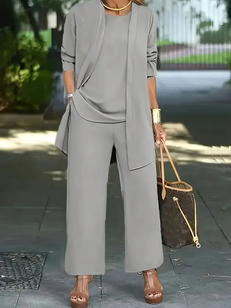 TK Conjunto De Moda Para Mujer Talla Grande 1XL-5XL Camiseta De Manga Larga Casual Con Cardigan Y Pantalones Largos