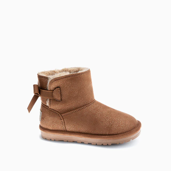 Pablosky 978240 Cozy Botas Tipo Australianas para Niña Camel con Brillo y Lazo, Horma Ancha, Forro de Pelo y Plantilla Térmica, Suela de Goma Antideslizante