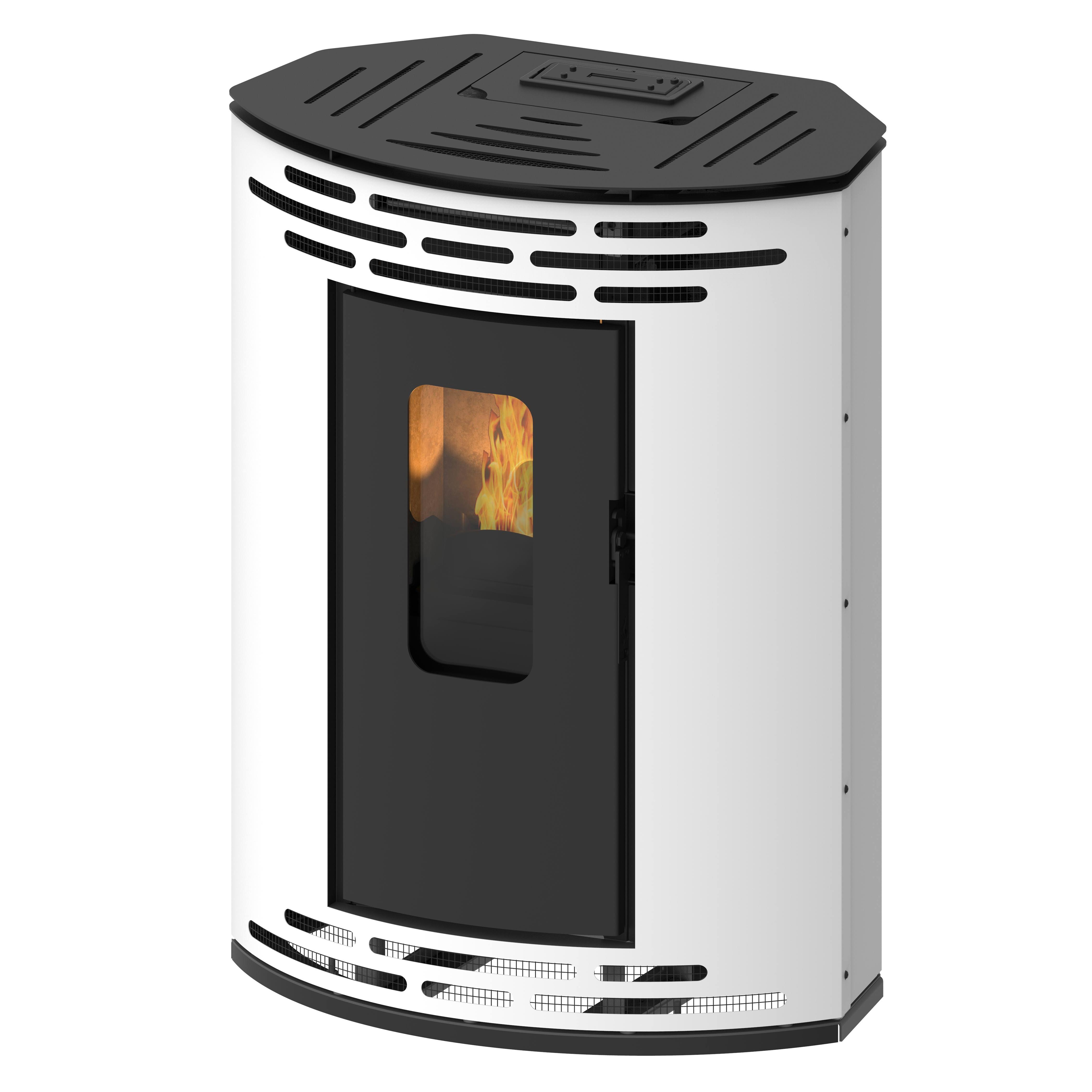 Muspel - Estufa de pellets Hilda 9 kW de esquina con diseño angular, acero inoxidable, autonomía 38 h, sistema cristal limpio y autolimpieza electrónica