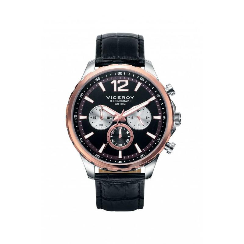 VICEROY Reloj Cronografo Caballero Caja acero Correa piel negra Bisel rose Esfera negra Sumergible 100M.
