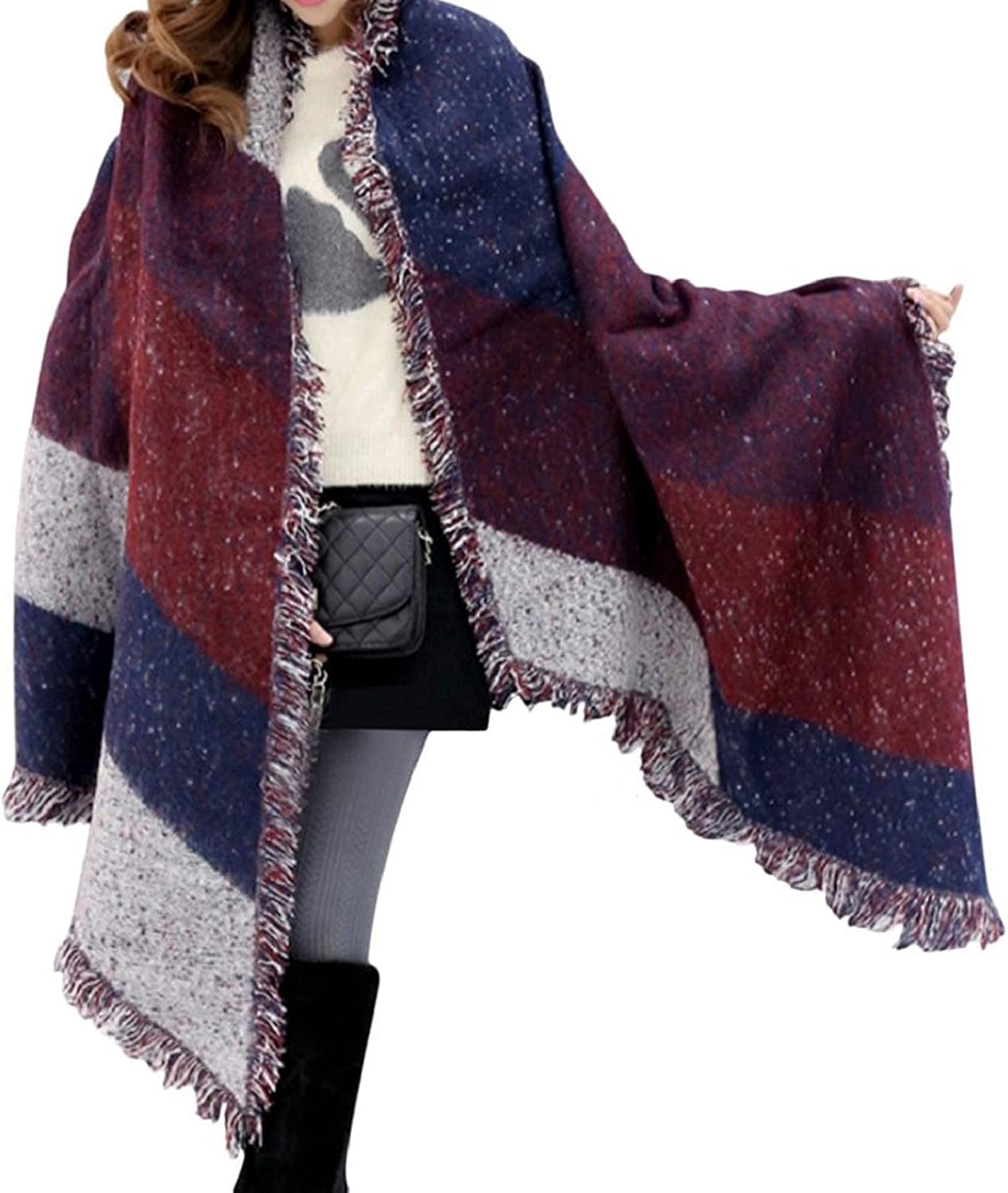 TK Mujer Bufandas Invierno 250x65cm Largas Mantón Grande Manta Chal Grueso con Borlas en Ambos Lados Gran Enrejado Caliente Cuello Diseño Biselado Cuadrados Tela de Lana Sintética