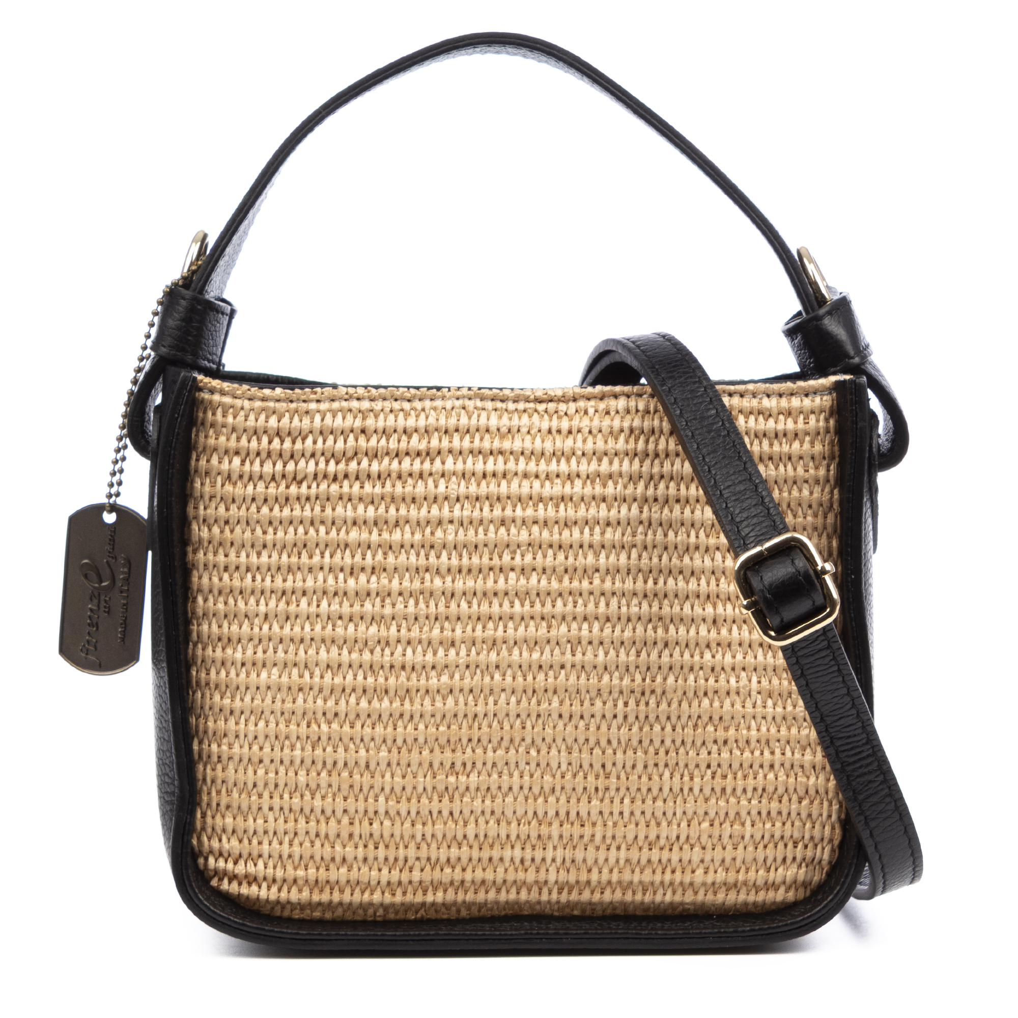 FIRENZE ARTEGIANI Bolso de mano Mujer. Fabricado en piel Dollaro, con parte anterior y posterior en paja. 20x10x16cm.
