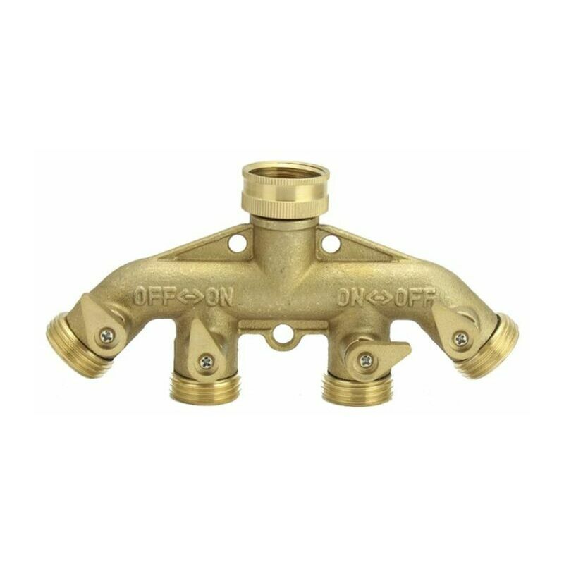 CA Conector de manguera de jardín con colector de grifo de latón de 4 vías, válvula de cierre individual de latón con conector macho, latón macizo