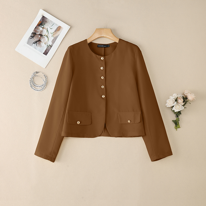 TK Chaleco Elegante Para Mujer Primavera O-Neck Manga Larga Botones Ligero Traje De Oficina Outerwear Talla 3XL