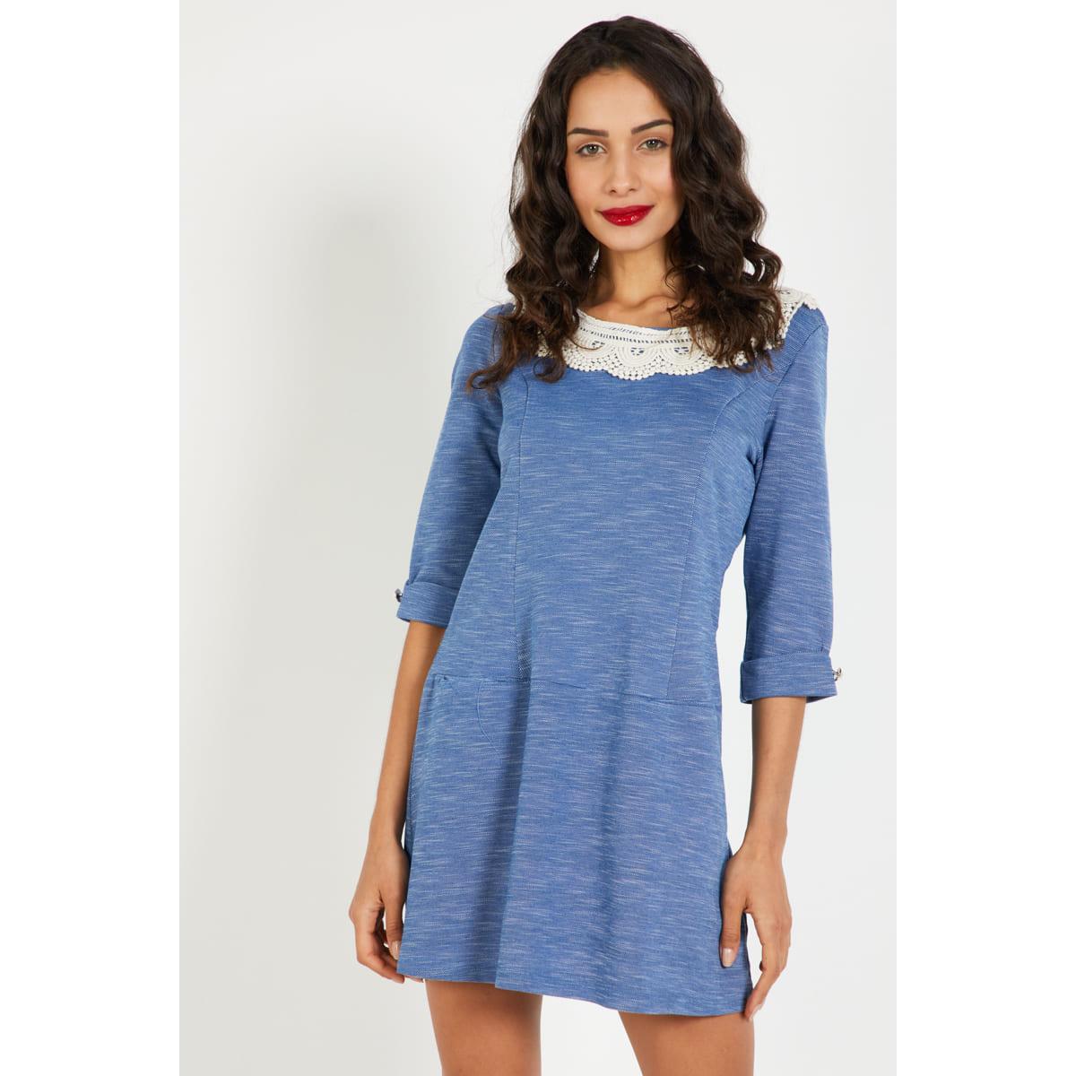 Vestido mujer azul jaspeado dress estilo casual manga 3/4 cuello redondo aplique crochet botón decorativo talla 38 cómodo elegante versátil, outfit ideal primavera verano ✅Entrega 24/48h