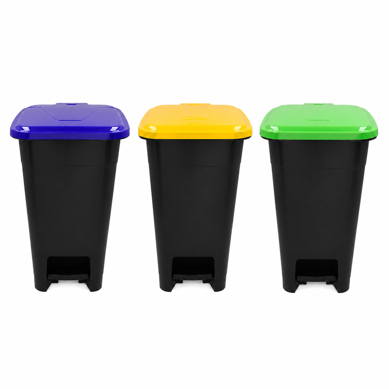 Papelera de Reciclaje con Apertura de Pedal. Set de 3 Unidades en Amarillo, Azul y Verde. Contenedor Plástico Resistente para Separación de Residuos en Hogar, Oficina.