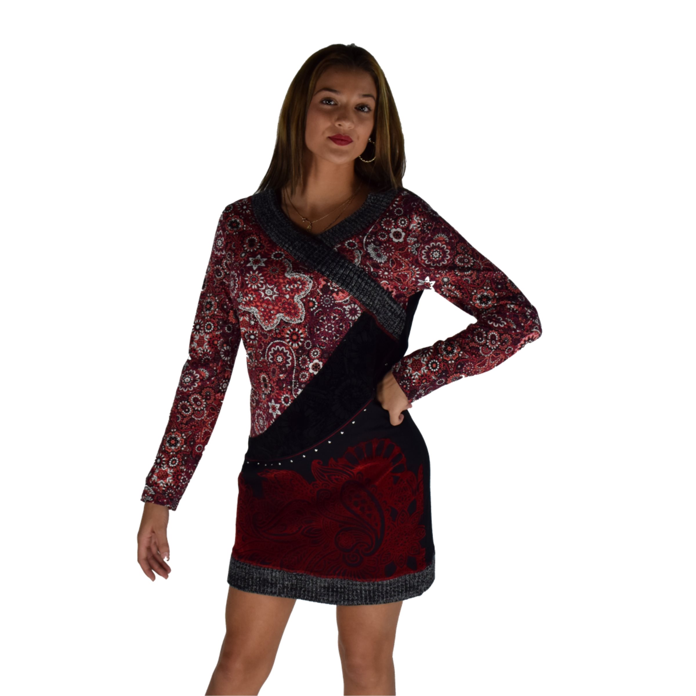 Koroshi - Vestido mujer estampado en flock con tachas y escote cruzado, manga larga, línea recta y bajo en tricot, 100% algodón rojo