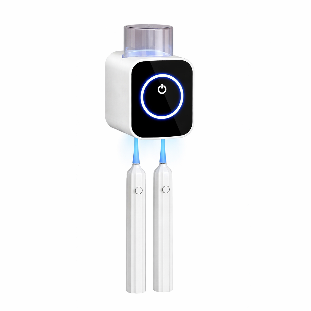 Esterilizador de cepillo de dientes UV(cepillo no incluido), montaje en pared, sistema de secado inteligente con desinfección UV, cepillo de dientes y portavasos con exprimidor de pasta de dientes