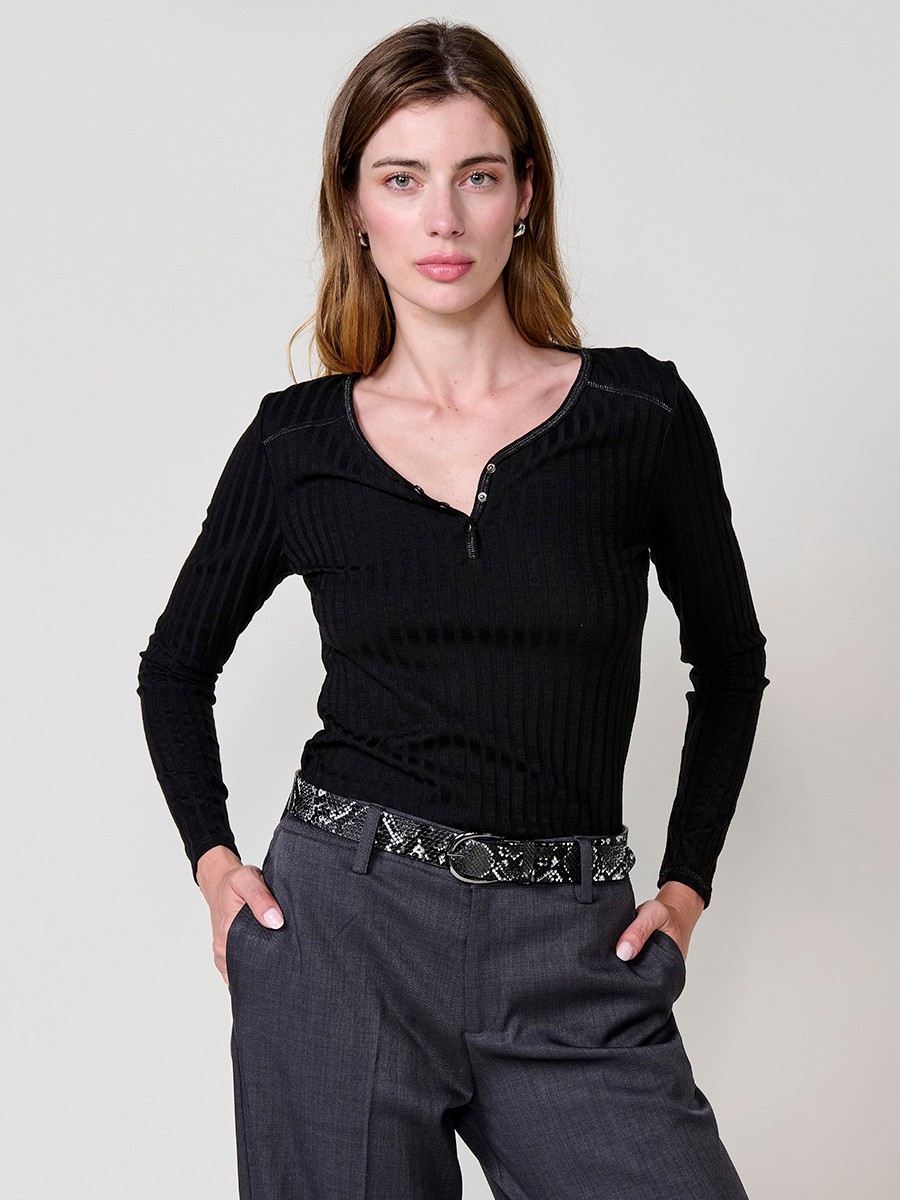 Koroshi - Camiseta manga larga mujer canalé con escote pico y botones decorativos, tejido fluido de poliéster-viscosa-elastano, corte ajustado negro