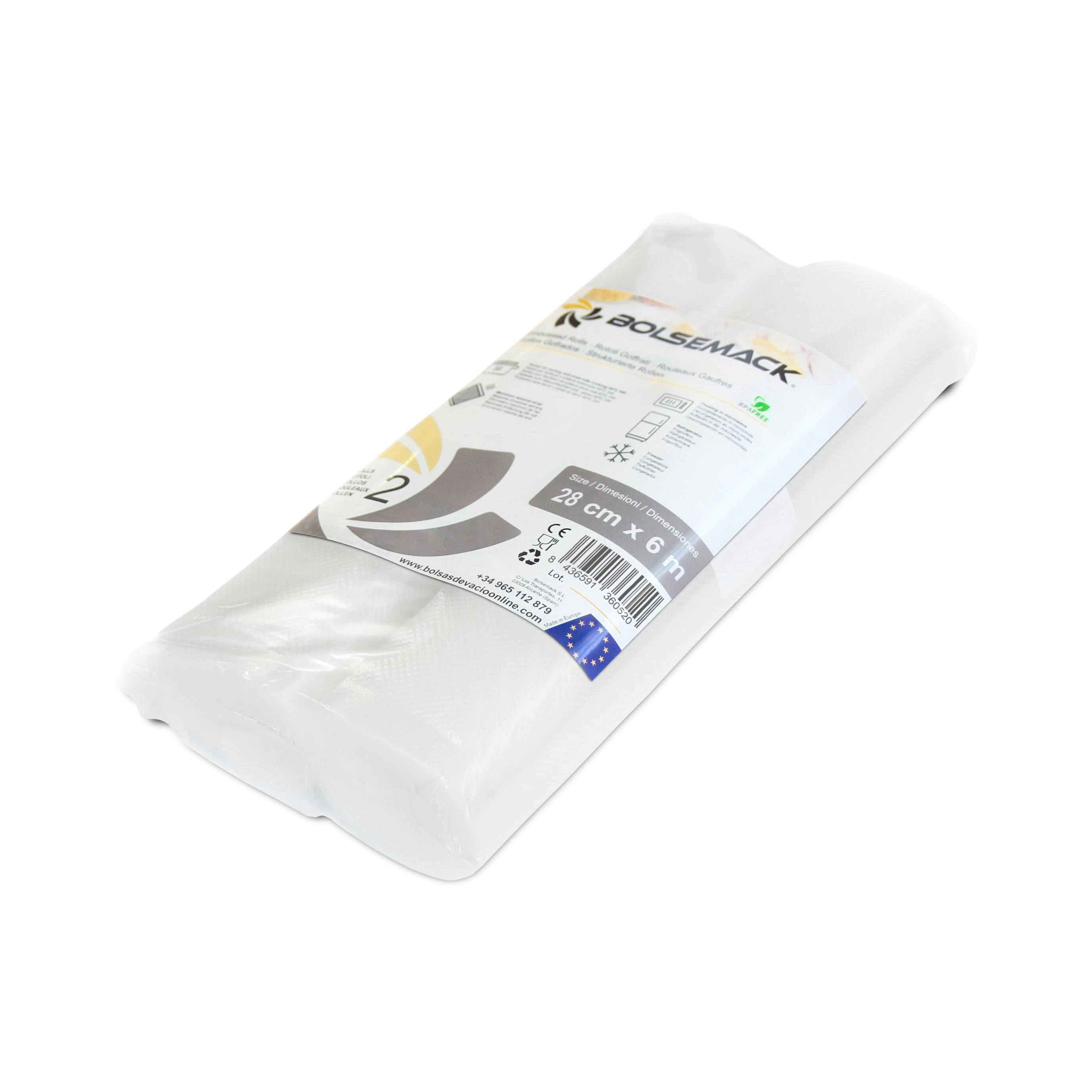 Bolsemack Rollos al Vacío Gofrados de envasado al vacío 28 cm. x 6 metros (2 uds.) Bolsas de vacío para alimentos  Compatibles con todo tipo de envasadora al vacío  Aptas para cocina sous vide  Sin BPA