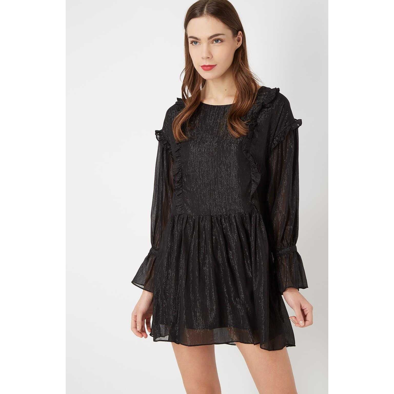 Vestido corto mujer elegante dress volantes manga larga transparencia sutil brillo tejido vaporoso moderno sofisticado tendencia fiesta urbano negro talla 38 cómodo versátil ✅Entrega 24/48h