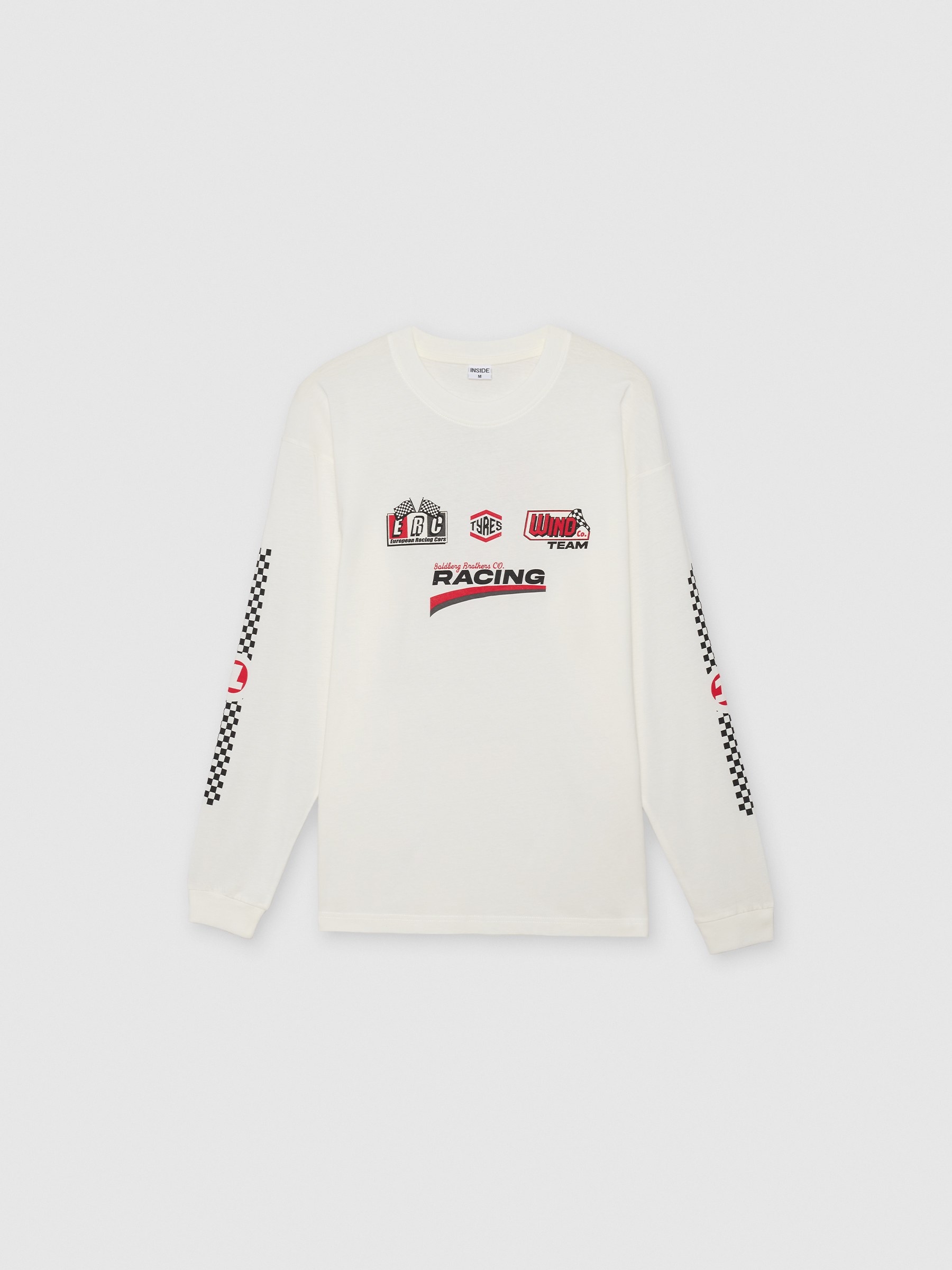 Camiseta oversized de algodón, manga larga, cuello redondo, diseño con texto y acabados en rib INSIDE