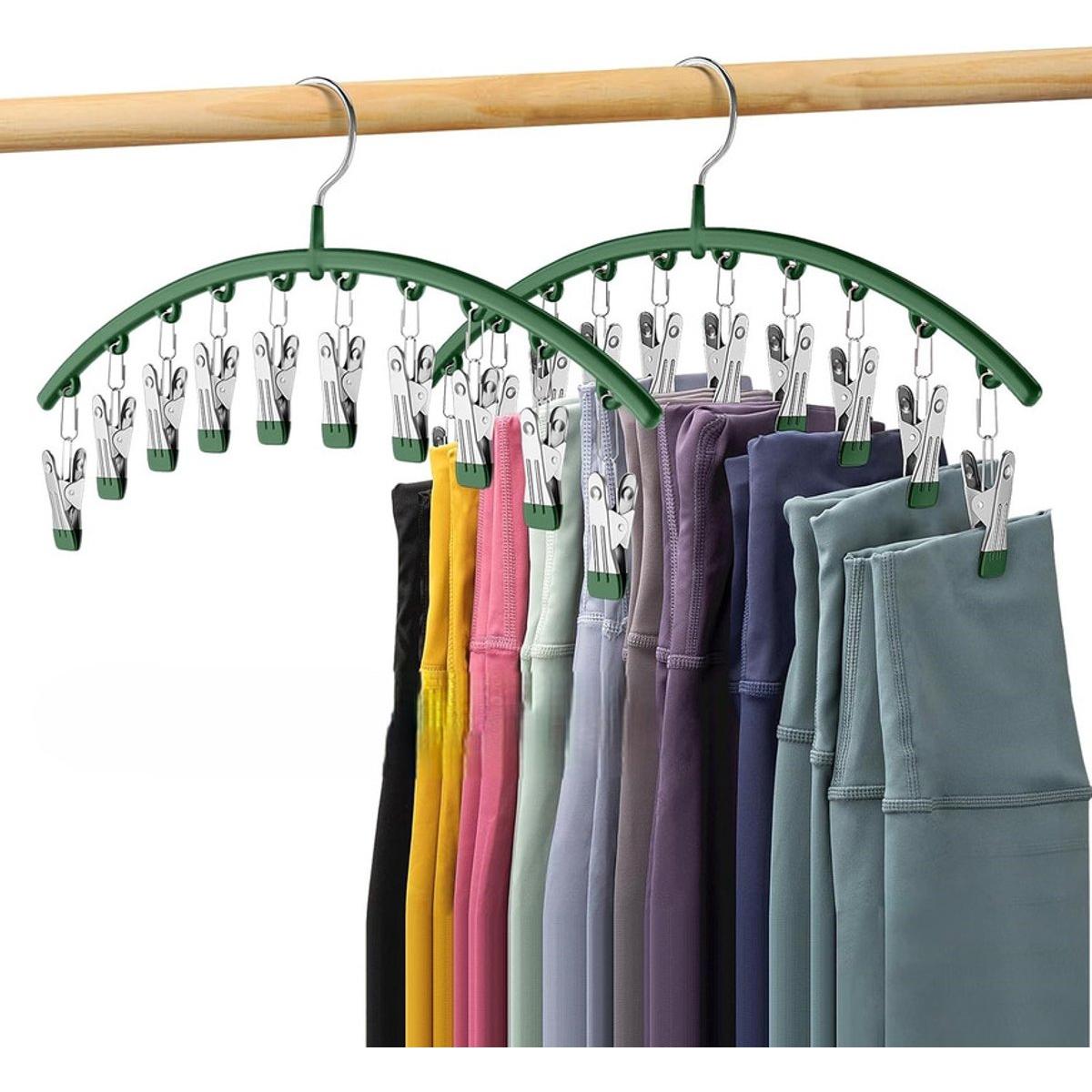 Legging organizer voor in de kast, metalen yogabroekhangers (2 stuks met 10 clips) voor 20 leggings, ruimtebesparende hangende kastorganizer met rubberen coating en opbergruimte.Groen