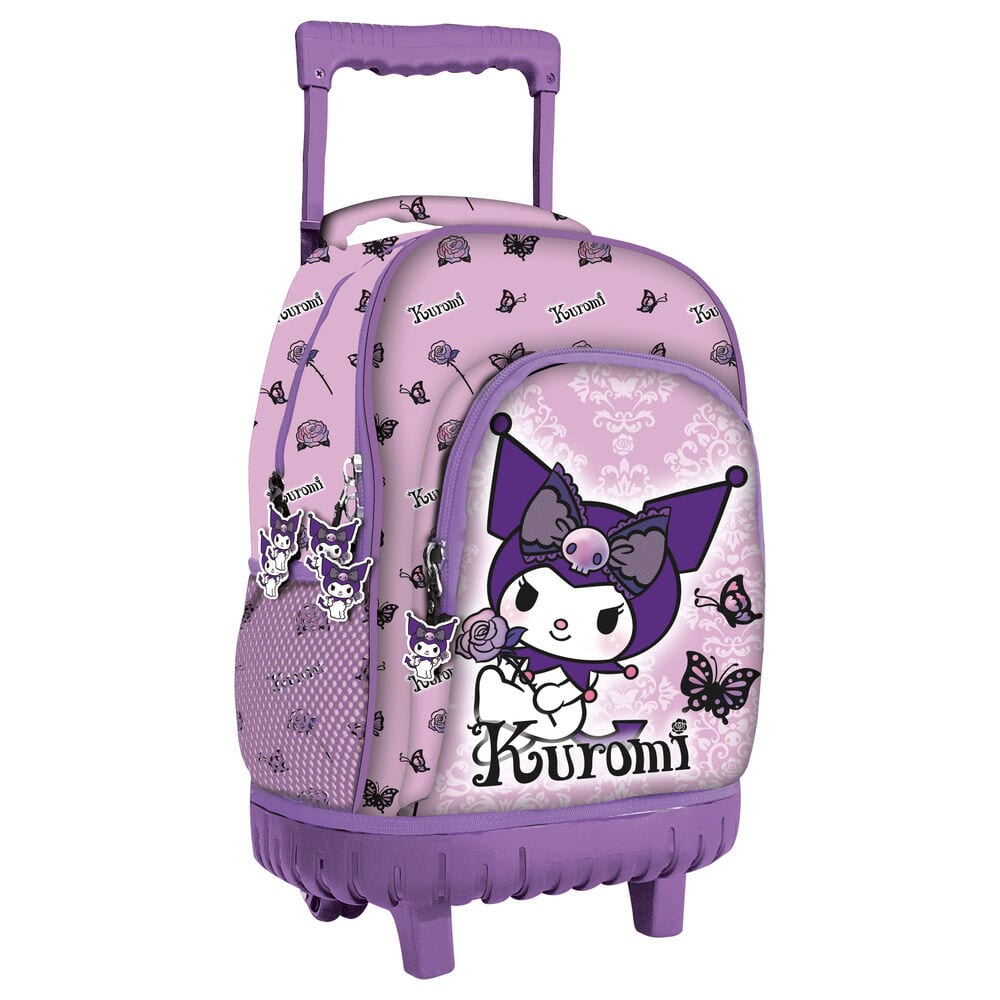 Trolleys Infantiles Kuromi y Hello Kitty Sanrio, Mochilas con Ruedas y Asa Telescópica, Diseño 3D, Compartimento Principal con Cremallera, Bolsillo Frontal, Laterales de Rejilla