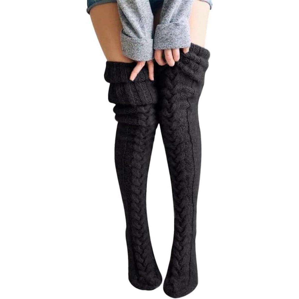 Dames gebreide warme dijbeensokken met kabelpatroon, hoge pluizige herfst/winter modieuze lange laarzensokken panty's effen kleur dames meisjes,Zwart